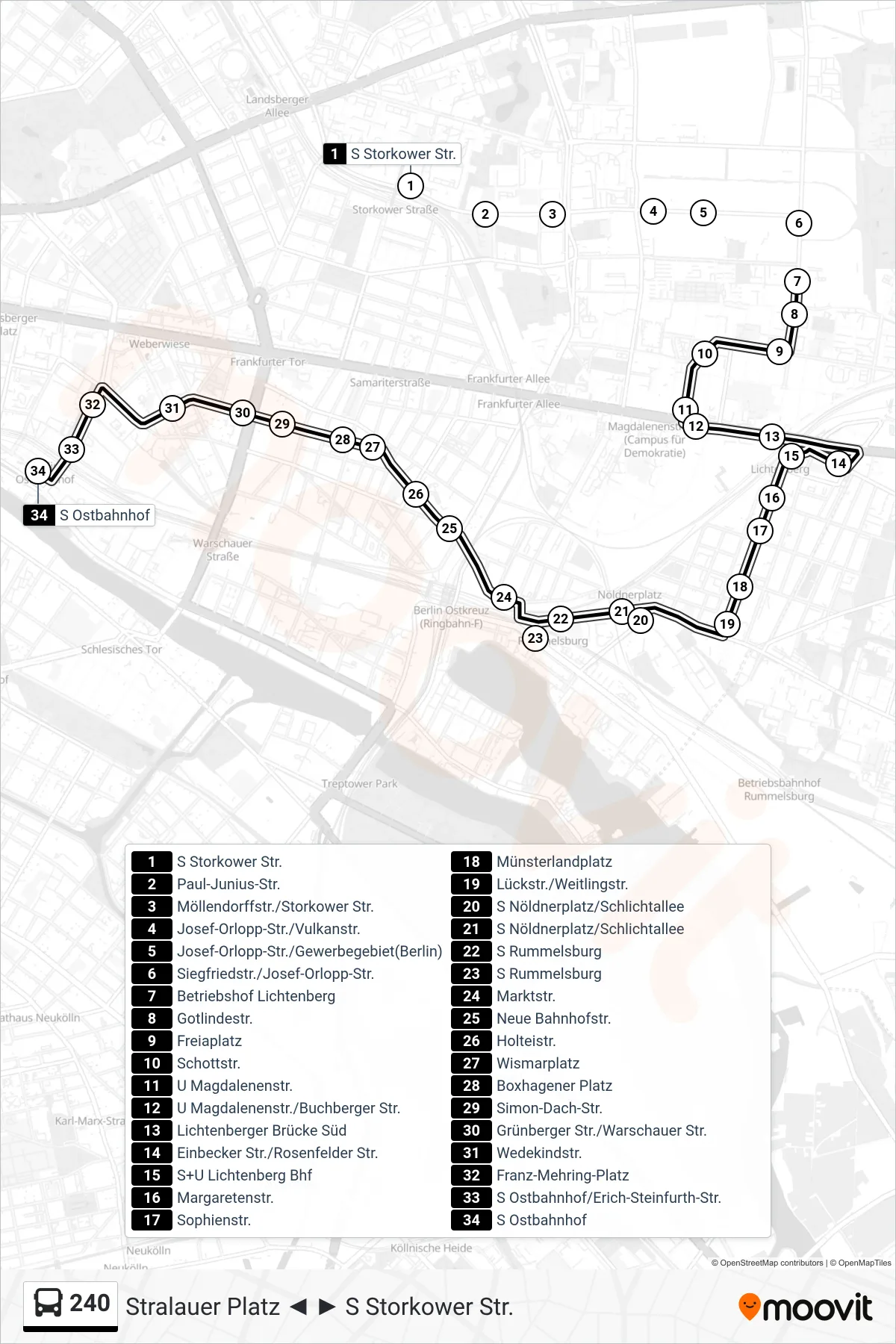 240 bus Line (S Ostbahnhof) route and stops on a map