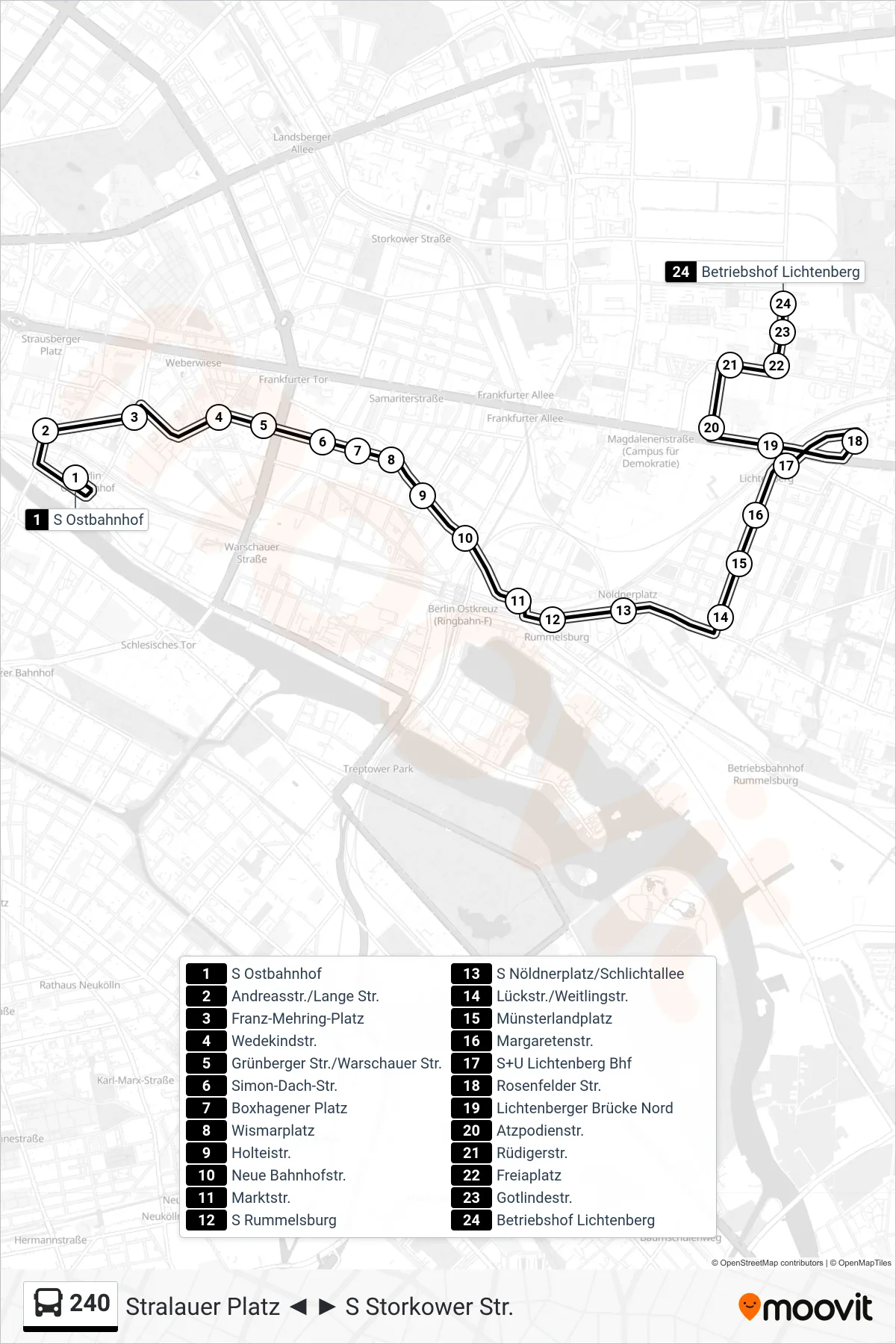 Linie 240 (Bus) Richtung Betriebshof Lichtenberg: Route und Haltestellen auf der Karte