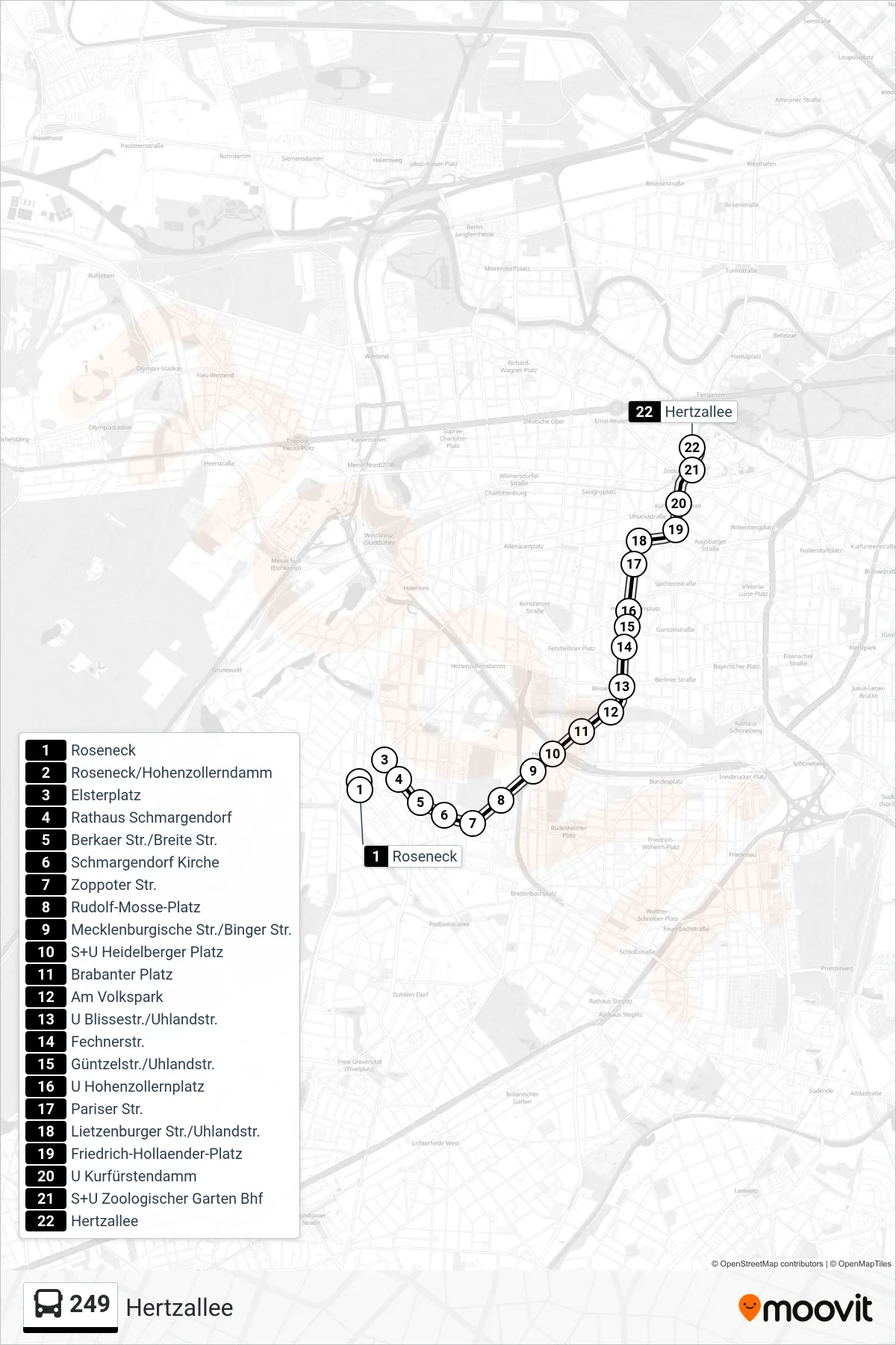Linie 249 (Bus) Richtung Hertzallee: Route und Haltestellen auf der Karte