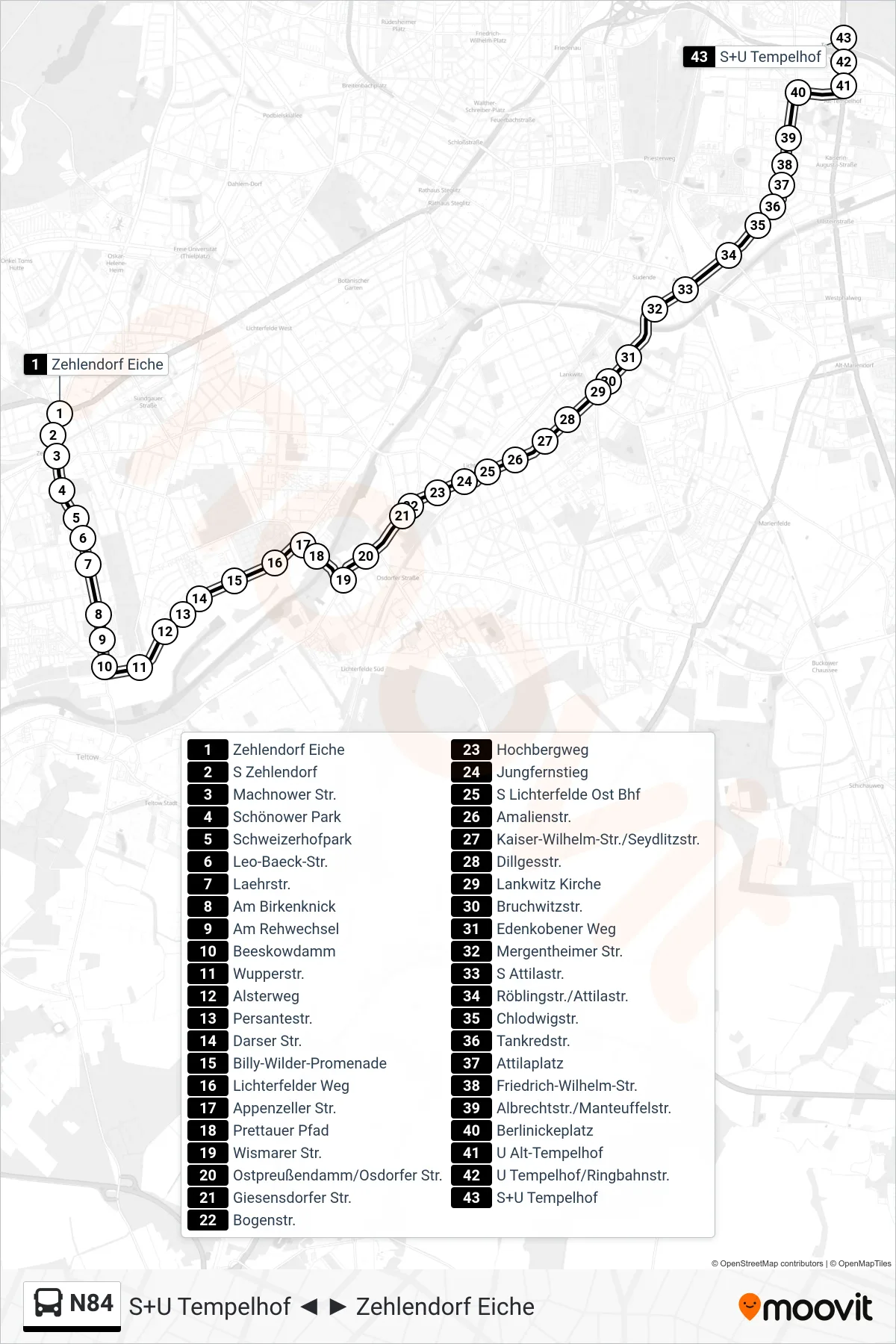 Linie N84 (Bus) Richtung S+U Tempelhof: Route und Haltestellen auf der Karte