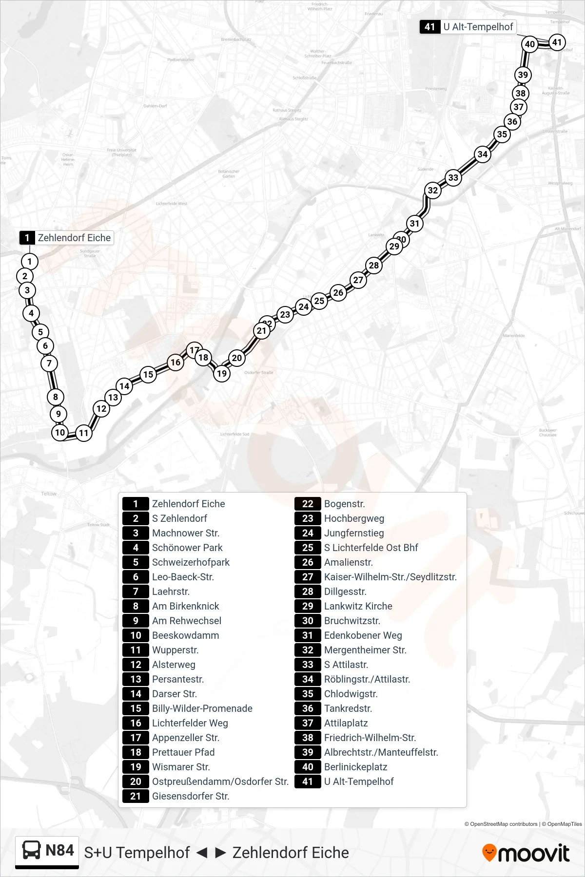 Linie N84 (Bus) Richtung U Alt-Tempelhof: Route und Haltestellen auf der Karte