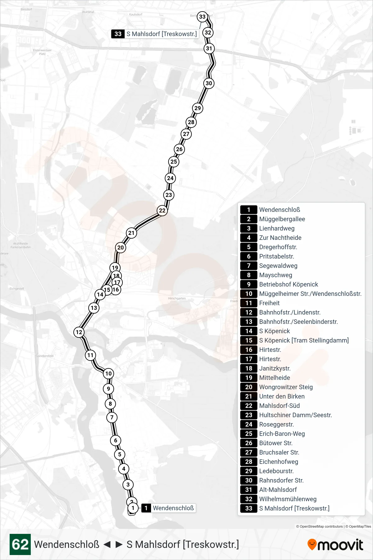Linie 62 (Straßenbahn) Richtung S Mahlsdorf [Treskowstr.]: Route und Haltestellen auf der Karte