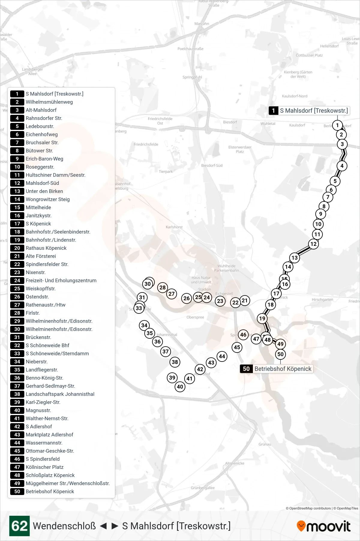 Linie 62 (Straßenbahn) Richtung Betriebshof Köpenick: Route und Haltestellen auf der Karte