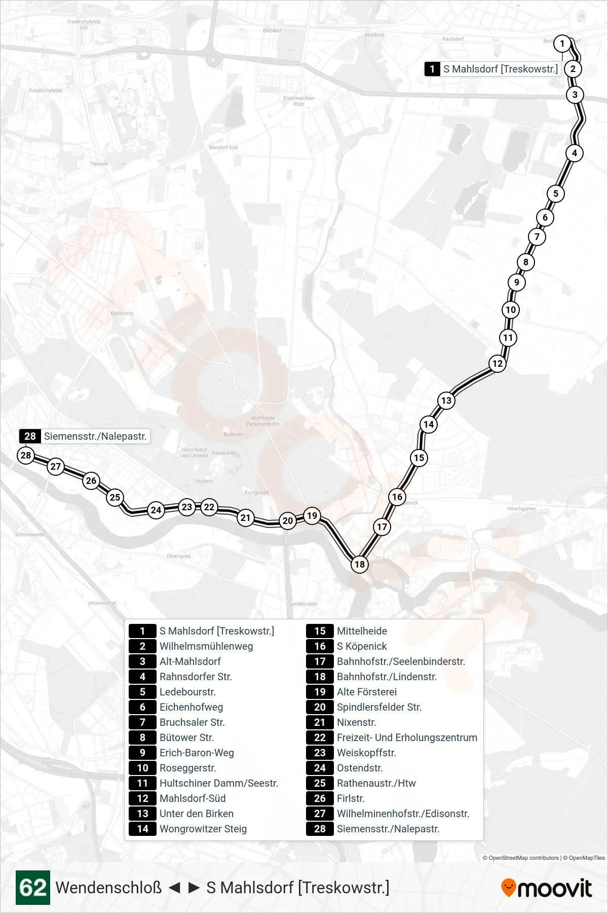 Linie 62 (Straßenbahn) Richtung Siemensstr./Nalepastr.: Route und Haltestellen auf der Karte