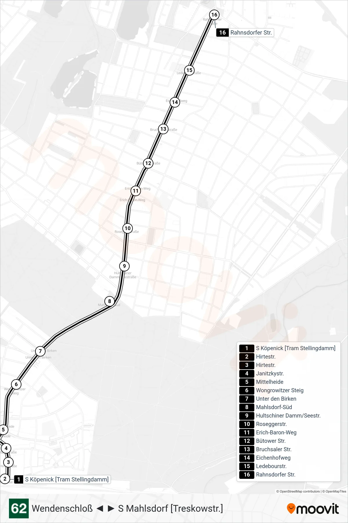 Linie 62 (Straßenbahn) Richtung Rahnsdorfer Str.: Route und Haltestellen auf der Karte