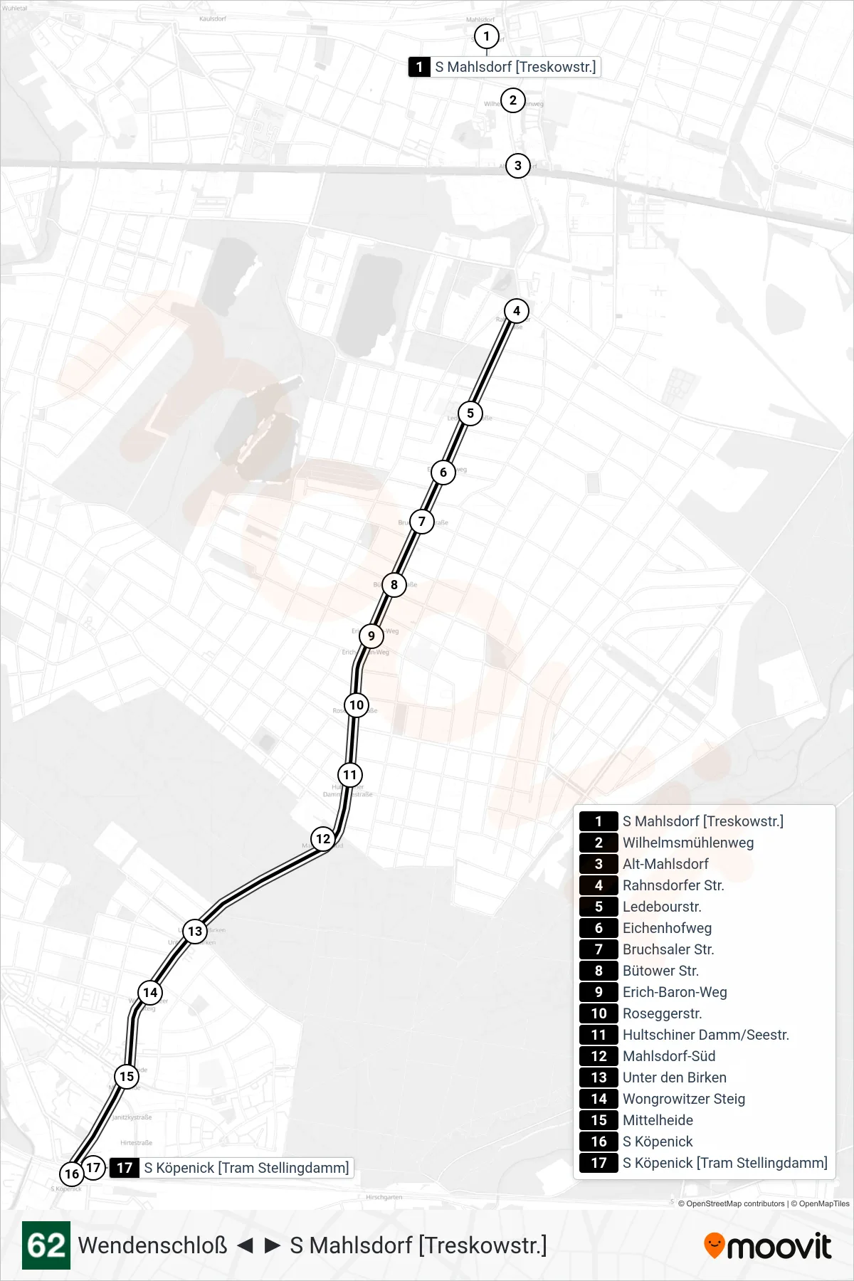 Linie 62 (Straßenbahn) Richtung S Köpenick [Tram Stellingdamm]: Route und Haltestellen auf der Karte