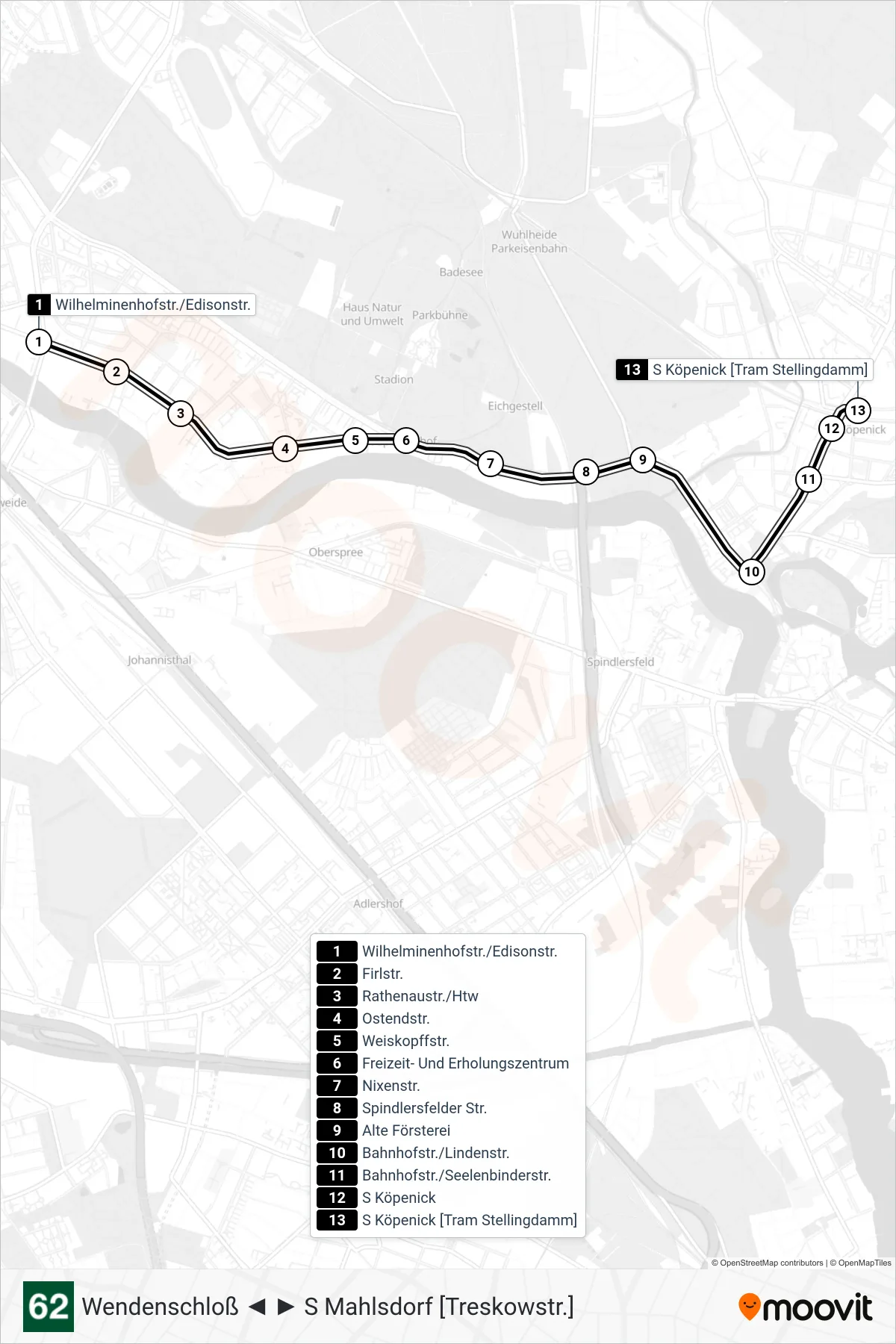 Linie 62 (Tram) Richtung S Köpenick [Tram Stellingdamm]: Route und Haltestellen auf der Karte
