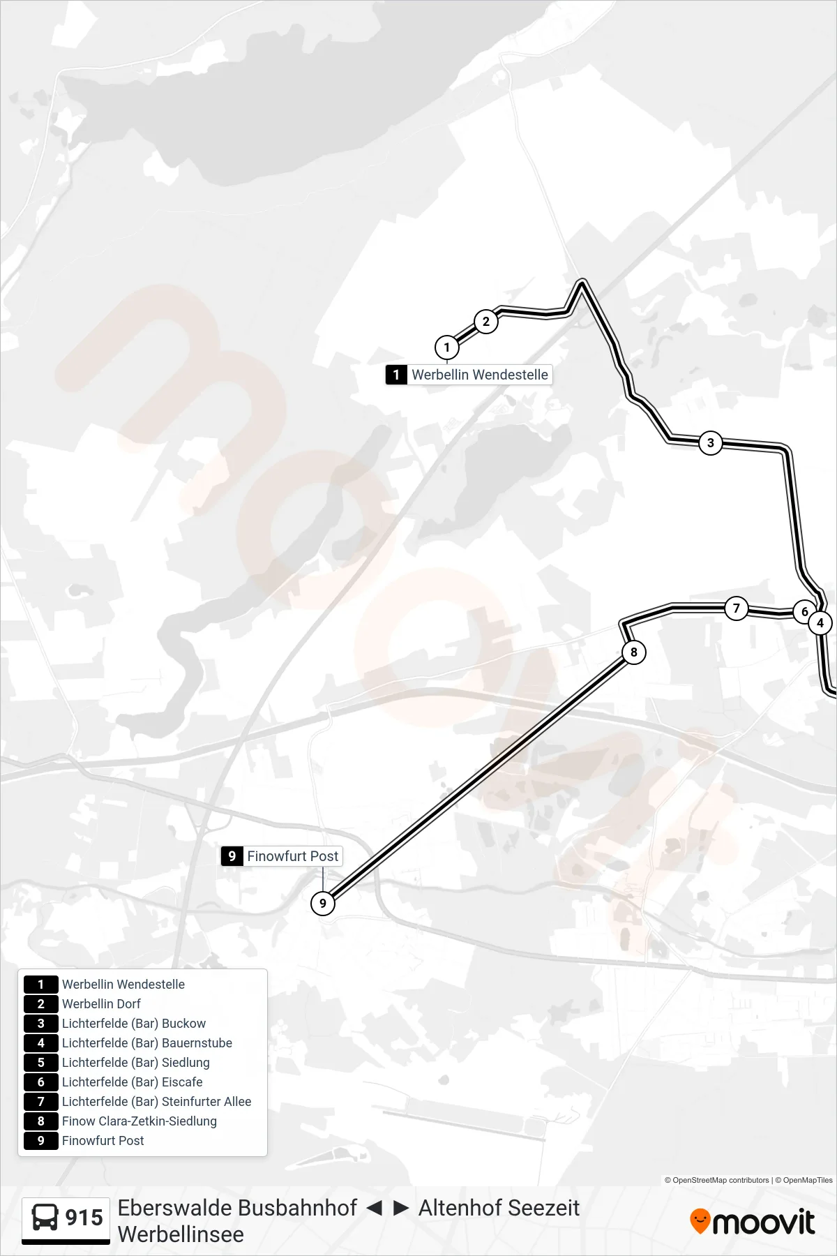 Linie 915 (Bus) Richtung Finowfurt Post: Route und Haltestellen auf der Karte