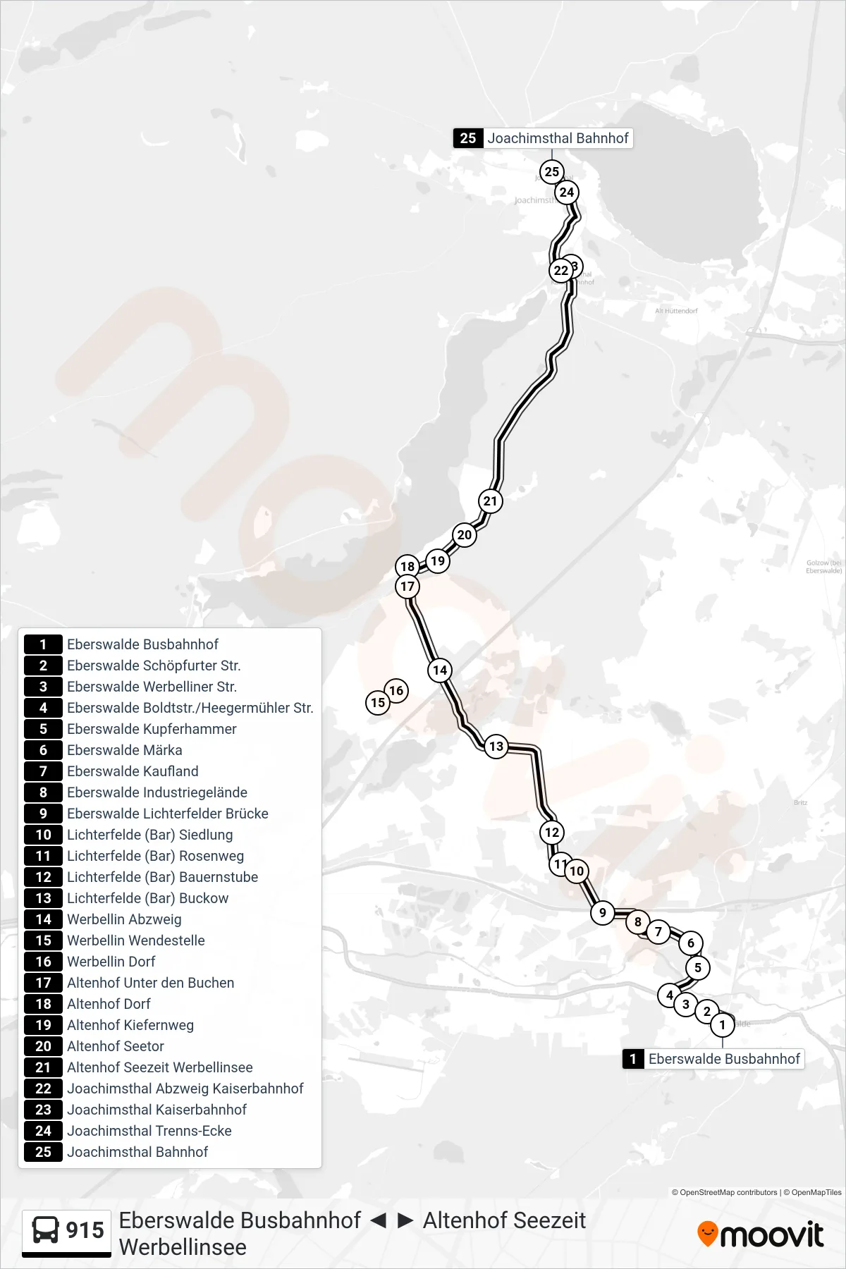 Linie 915 (Bus) Richtung Joachimsthal Bahnhof: Route und Haltestellen auf der Karte