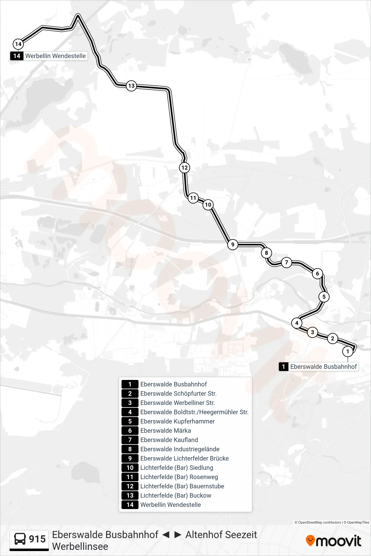 Linie 915 (Bus) Richtung Werbellin Wendestelle: Route und Haltestellen auf der Karte