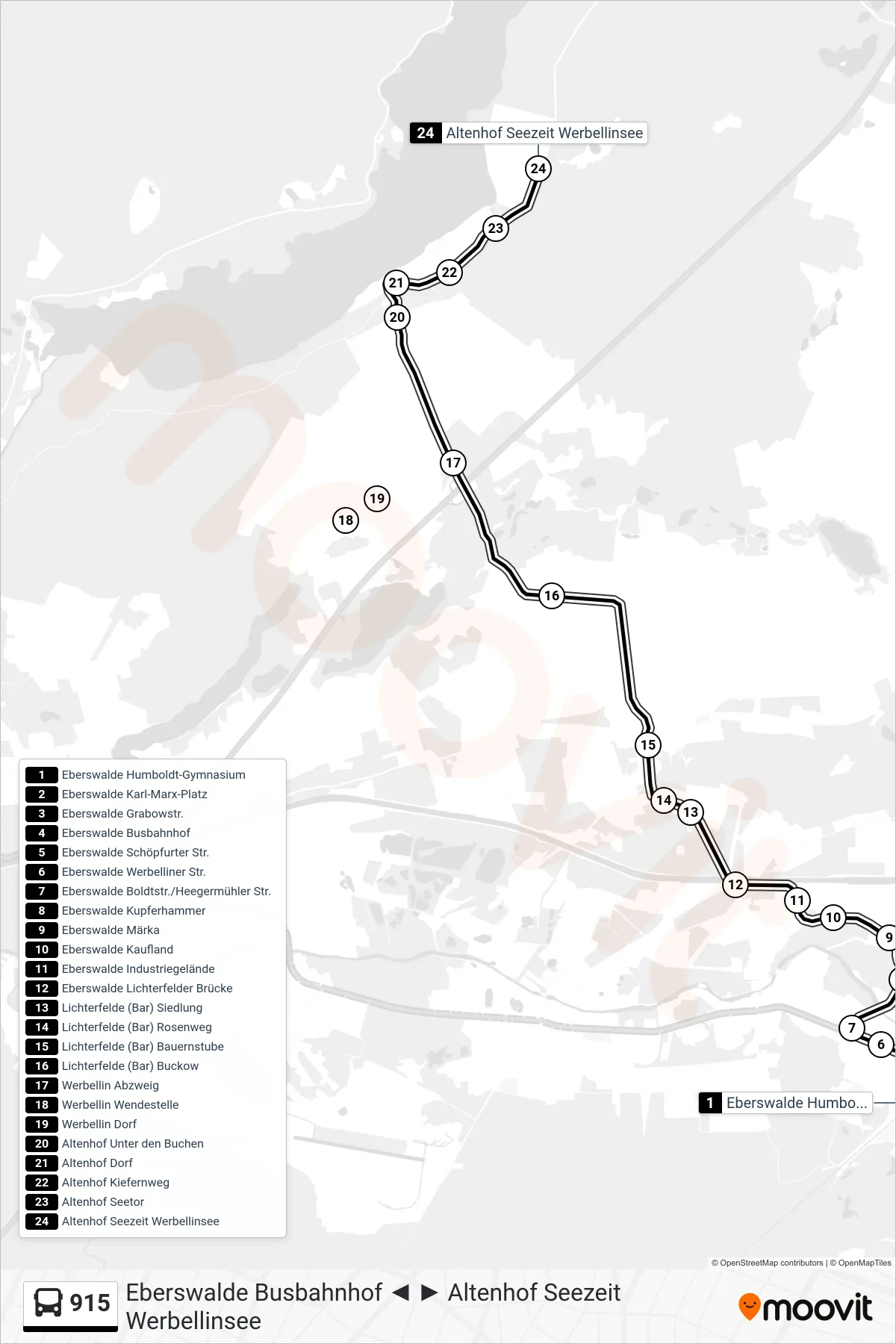 915 bus Line (Altenhof Seezeit Werbellinsee) route and stops on a map