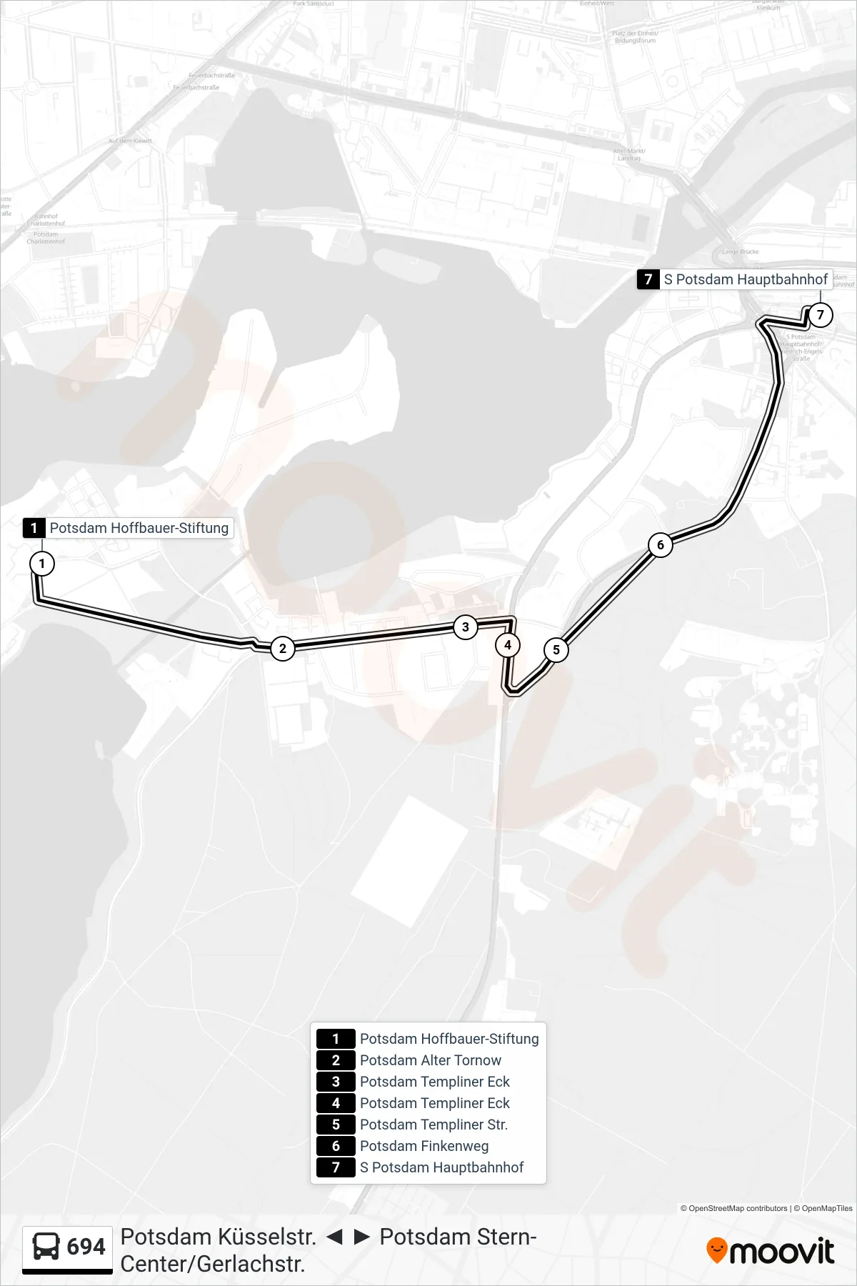694 bus Line (S Potsdam Hauptbahnhof) route and stops on a map