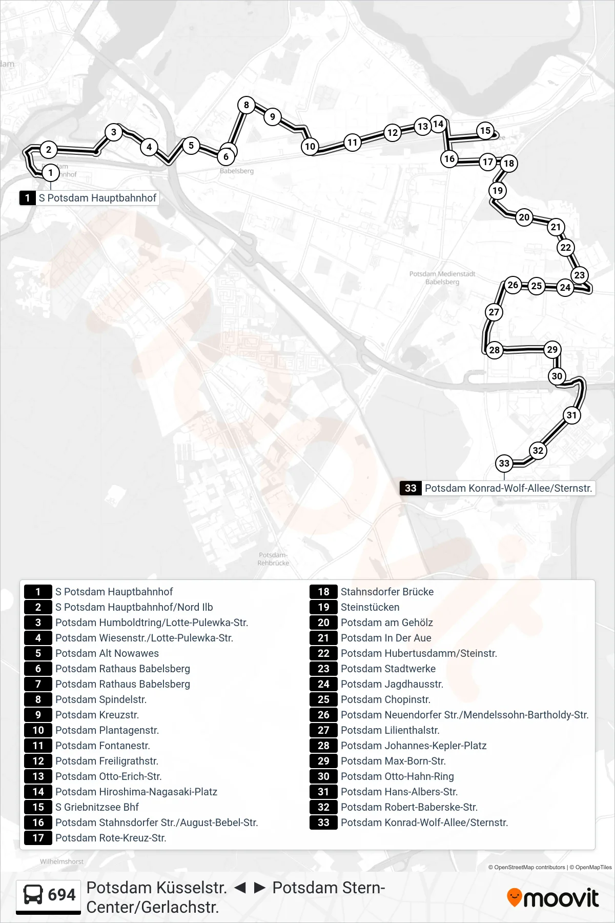Linie 694 (Bus) Richtung Potsdam Konrad-Wolf-Allee/Sternstr.: Route und Haltestellen auf der Karte