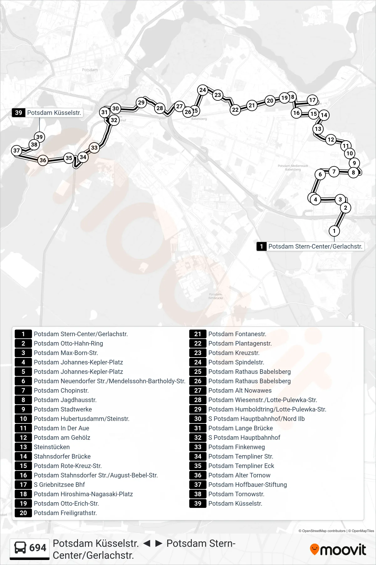 694 bus Line (Potsdam Küsselstr.) route and stops on a map