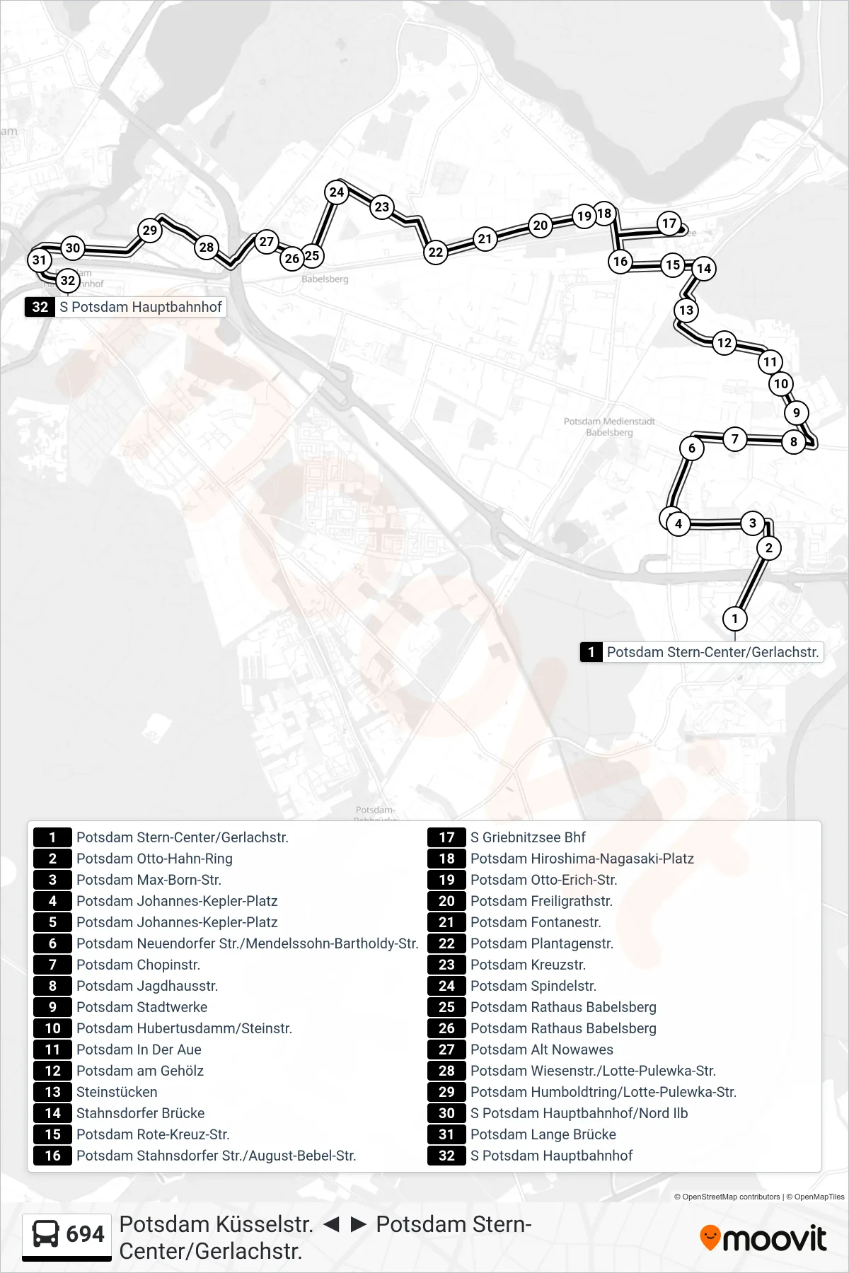 694 bus Line (S Potsdam Hauptbahnhof) route and stops on a map