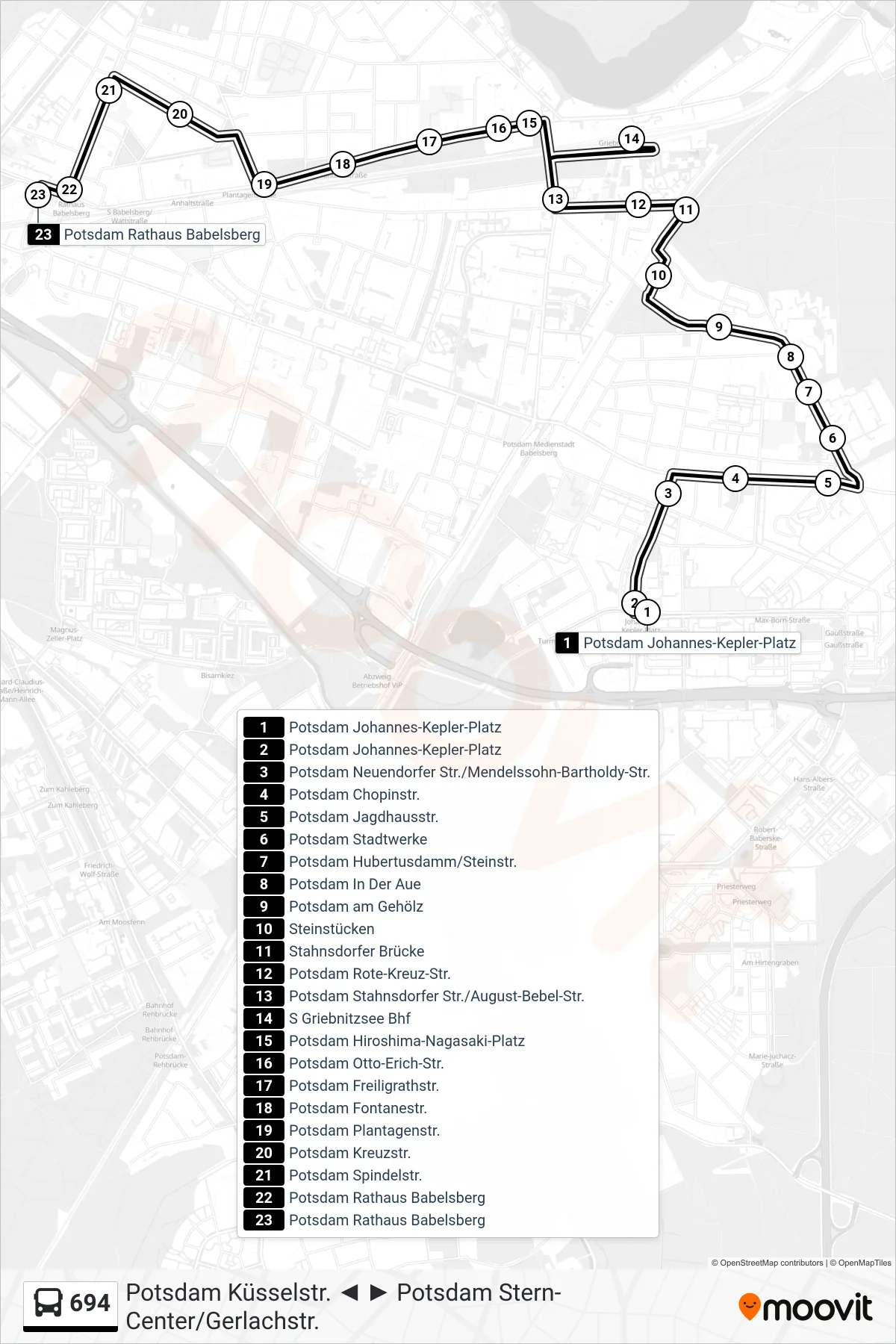 694 bus Line (Potsdam Rathaus Babelsberg) route and stops on a map