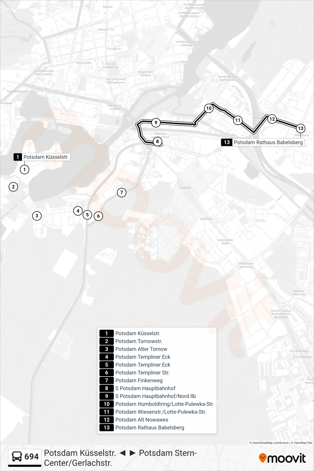 694 bus Line (Potsdam Rathaus Babelsberg) route and stops on a map