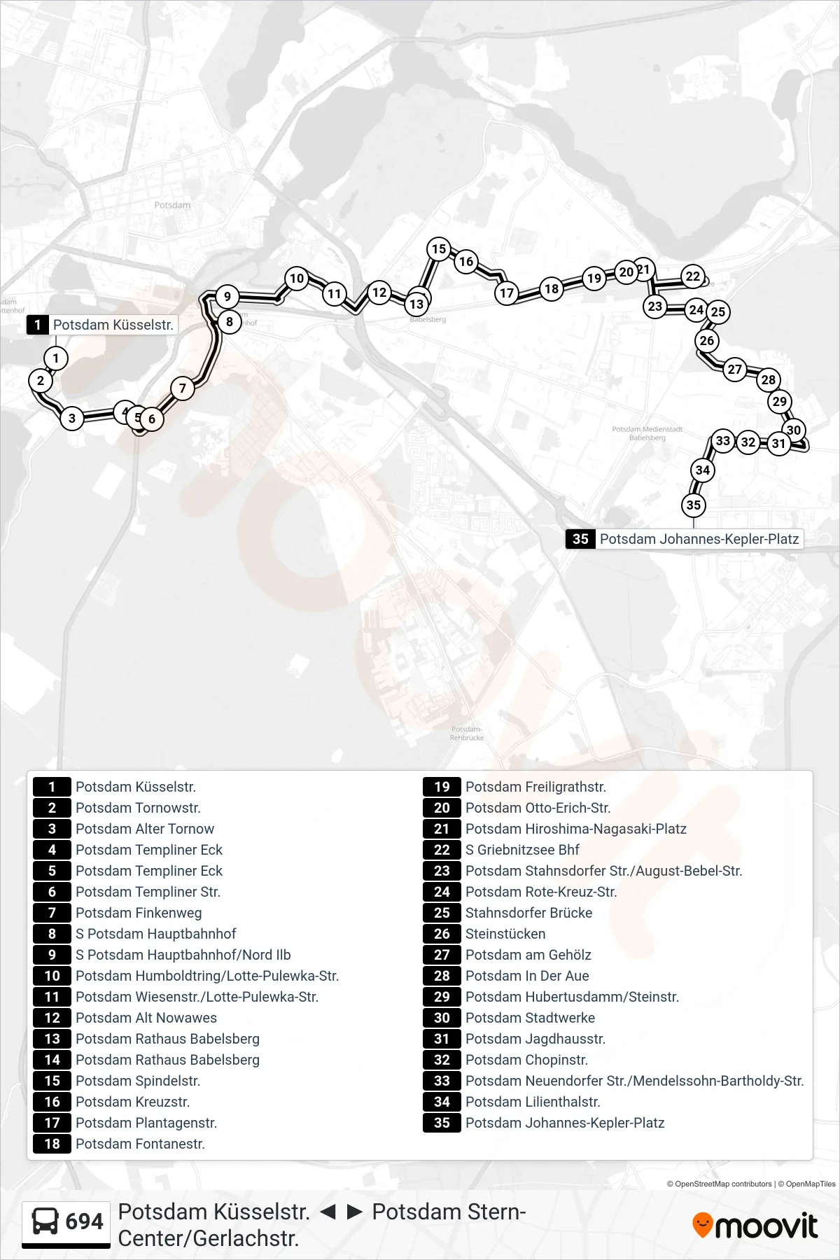694 bus Line (Potsdam Johannes-Kepler-Platz) route and stops on a map