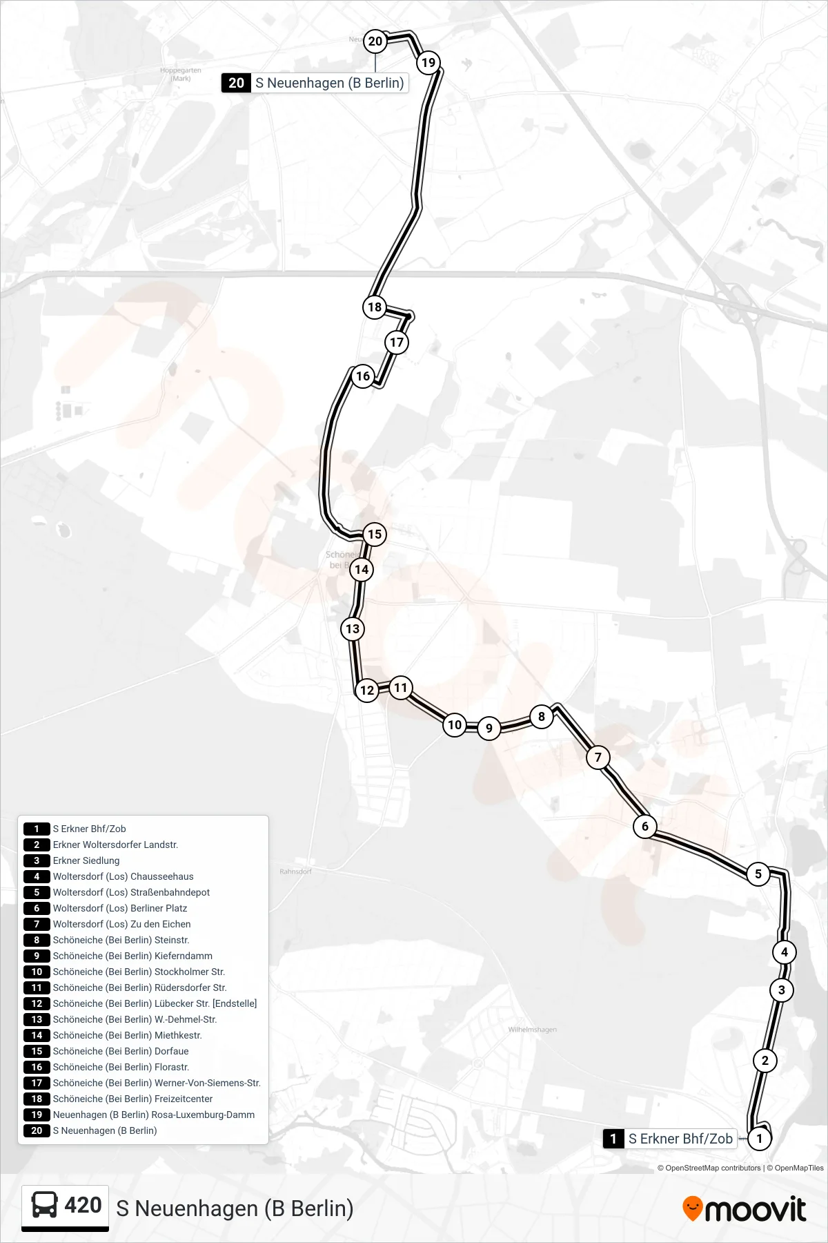 Linie 420 (Bus) Richtung S Neuenhagen (B Berlin): Route und Haltestellen auf der Karte