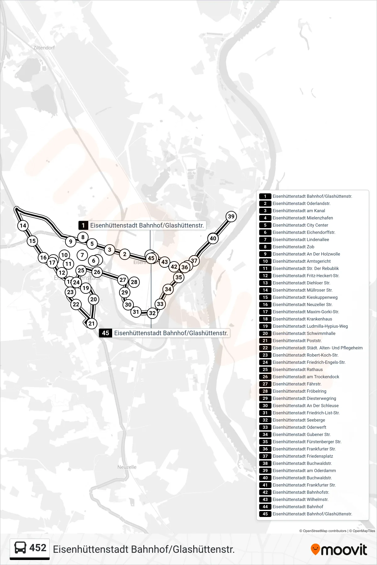 Linie 452 (Bus) Richtung Eisenhüttenstadt Bahnhof/Glashüttenstr.: Route und Haltestellen auf der Karte