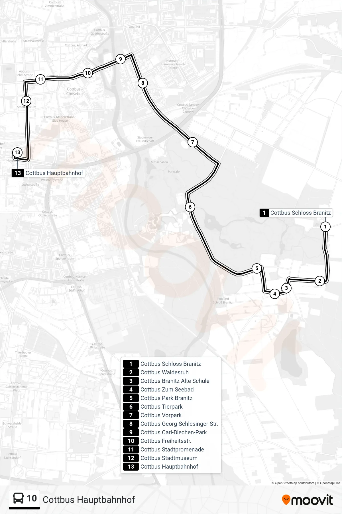 Linie 10 (Bus) Richtung Cottbus Hauptbahnhof: Route und Haltestellen auf der Karte