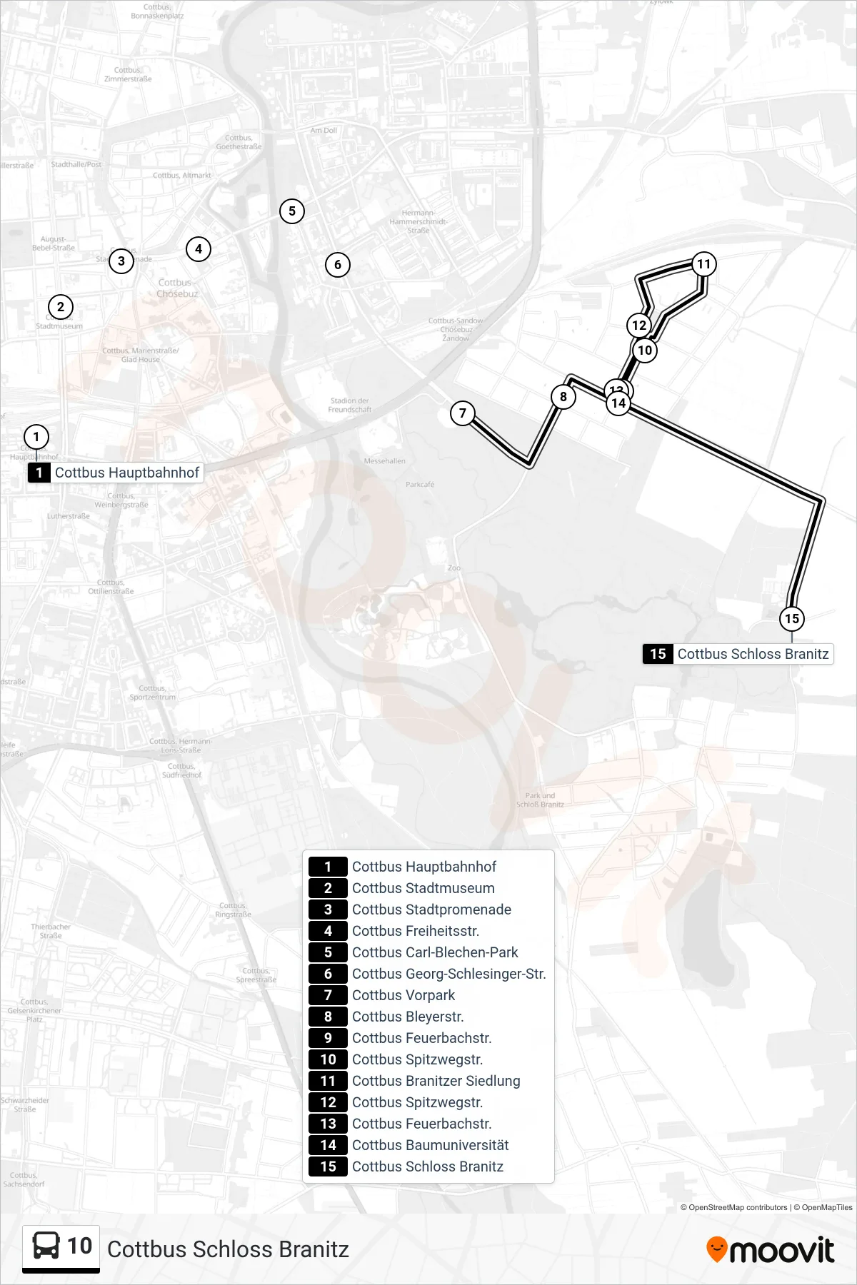 Linie 10 (Bus) Richtung Cottbus Schloss Branitz: Route und Haltestellen auf der Karte
