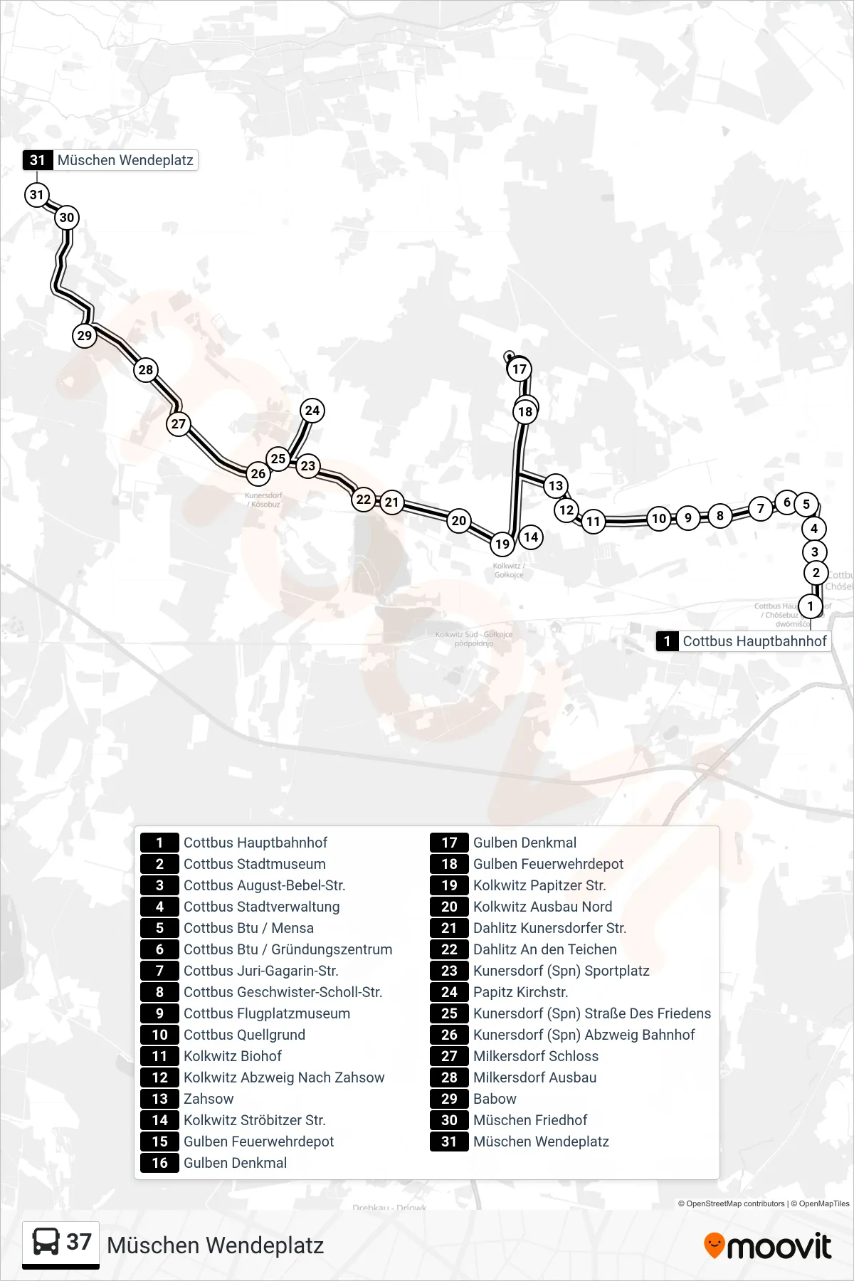 Linie 37 (Bus) Richtung Müschen Wendeplatz: Route und Haltestellen auf der Karte