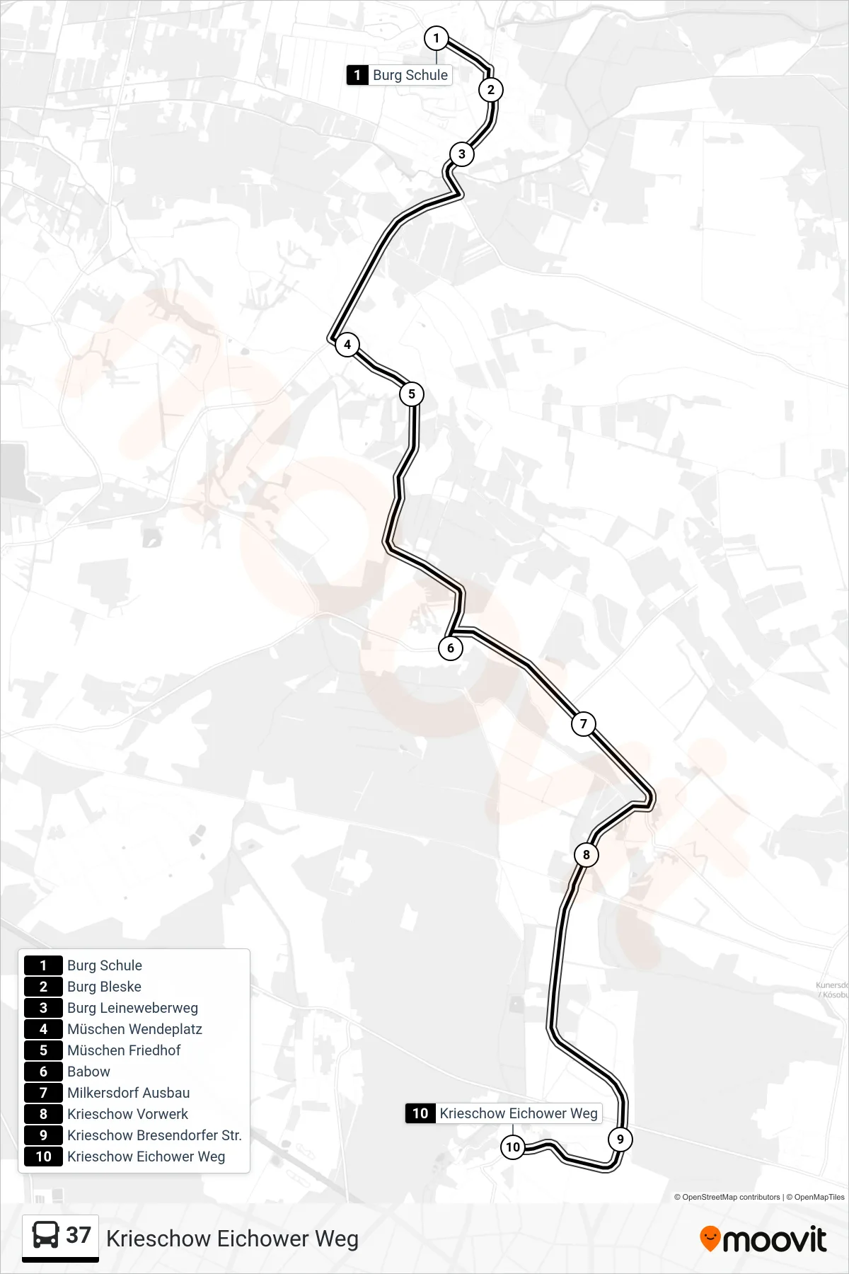 Linie 37 (Bus) Richtung Krieschow Eichower Weg: Route und Haltestellen auf der Karte
