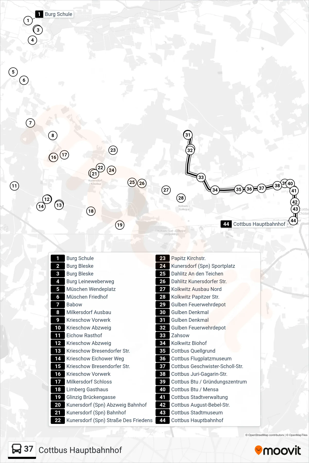 Linie 37 (Bus) Richtung Cottbus Hauptbahnhof: Route und Haltestellen auf der Karte