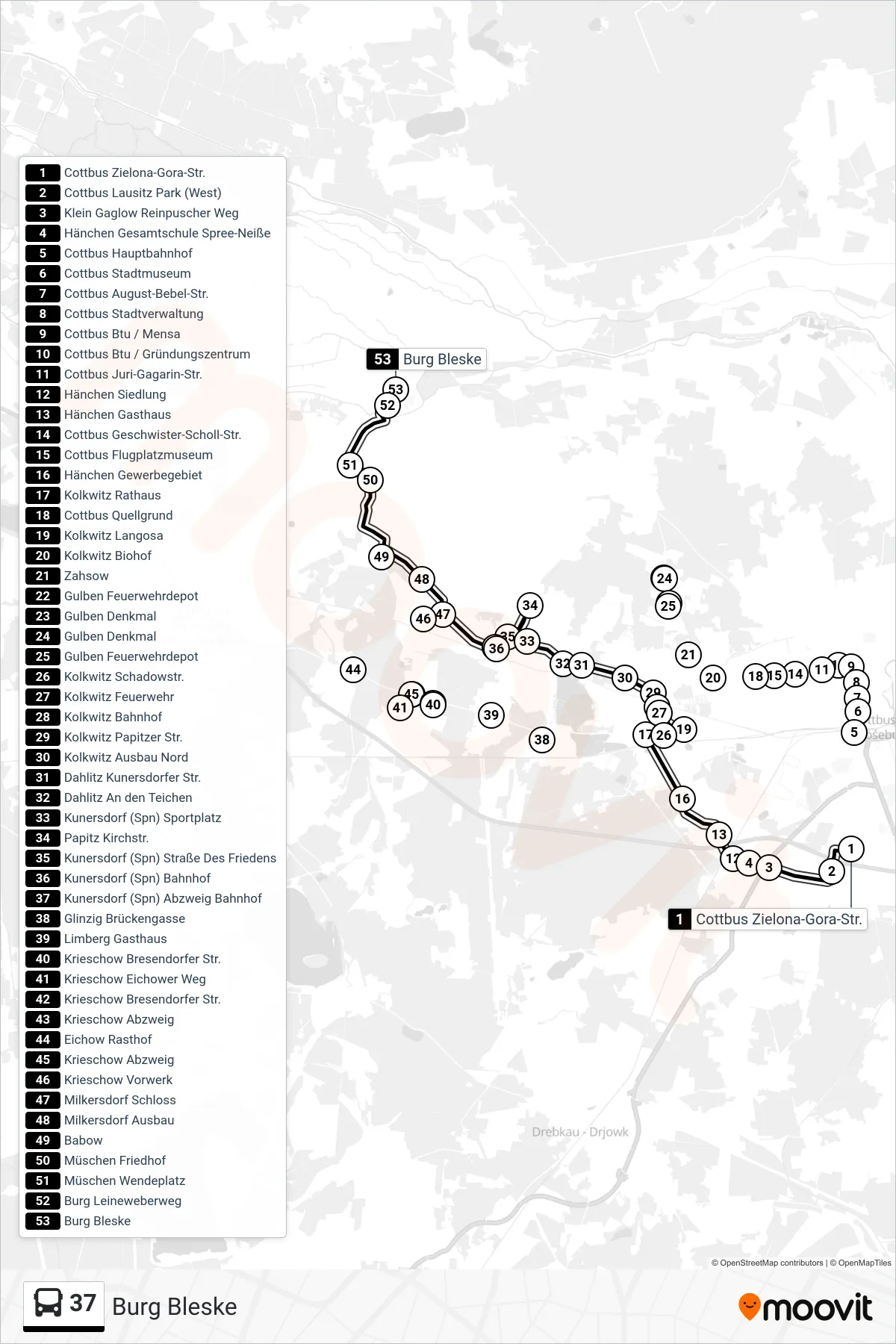 Linie 37 (Bus) Richtung Burg Bleske: Route und Haltestellen auf der Karte