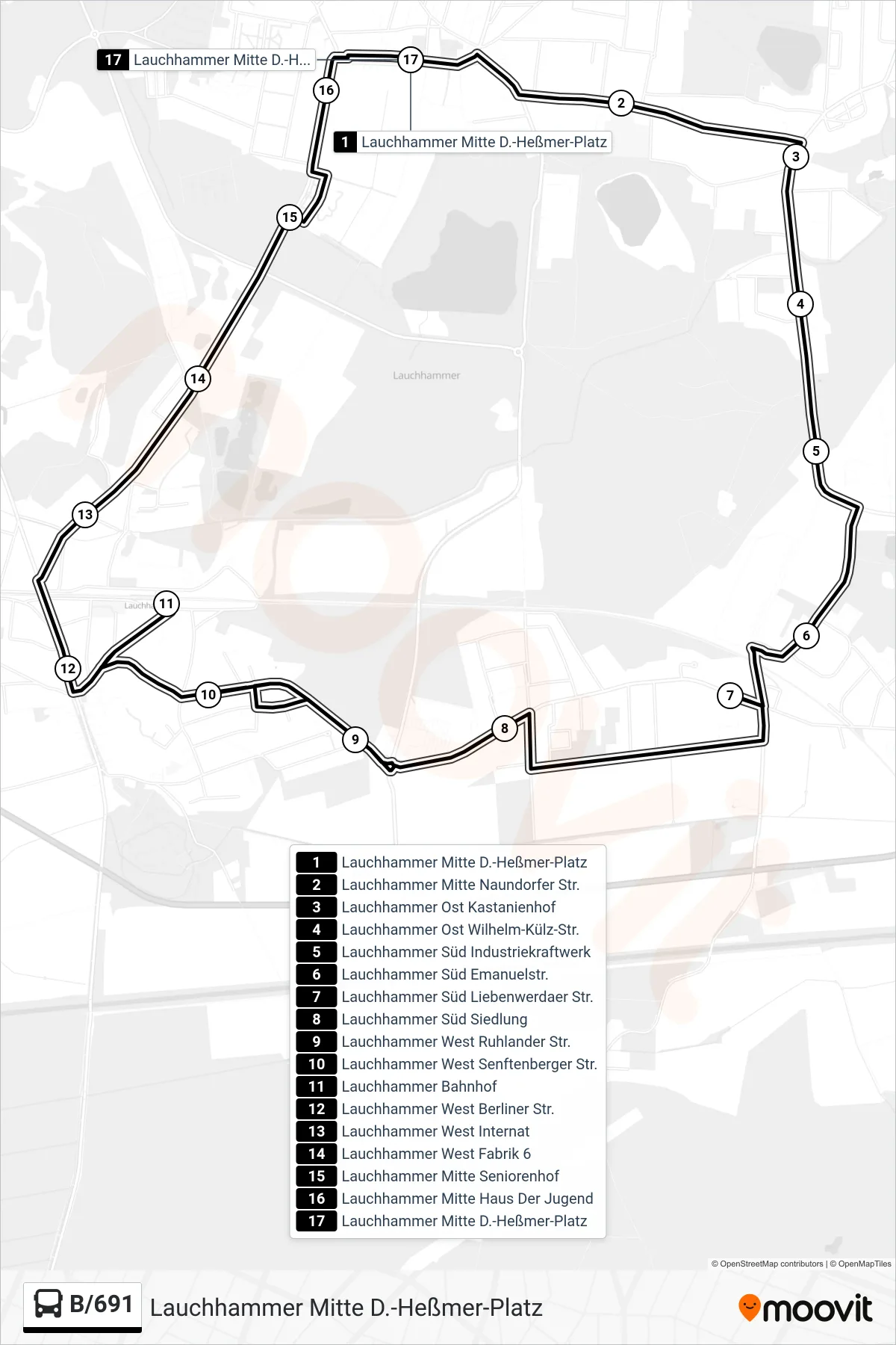 Linie B/691 (Bus) Richtung Lauchhammer Mitte D.-Heßmer-Platz: Route und Haltestellen auf der Karte