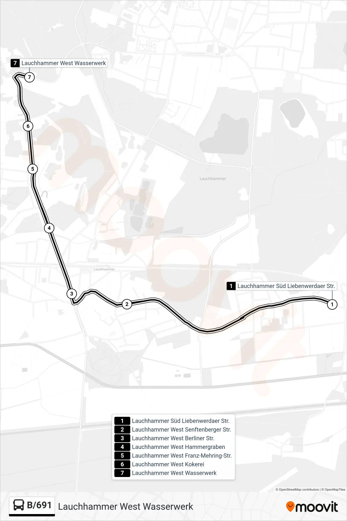 Linie B/691 (Bus) Richtung Lauchhammer West Wasserwerk: Route und Haltestellen auf der Karte