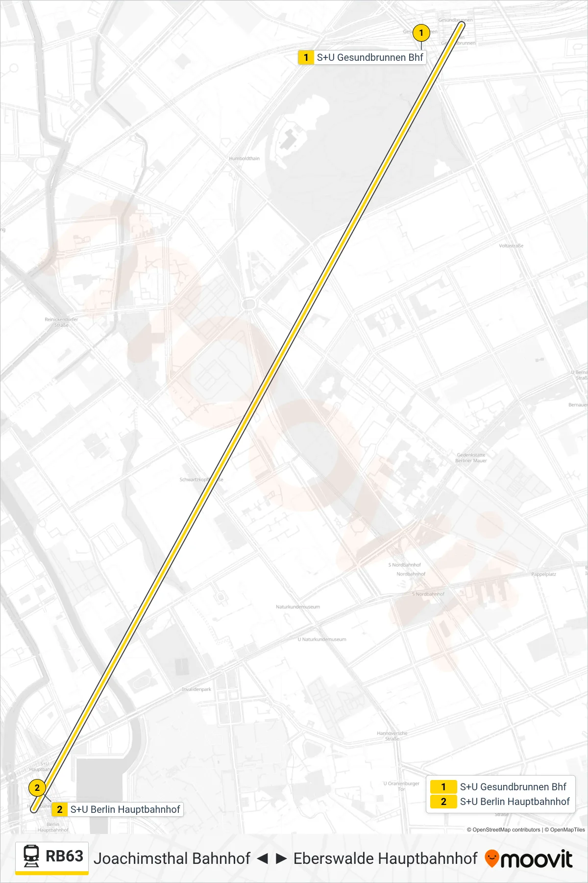 Linie RB63 (Bahn) Richtung S+U Berlin Hauptbahnhof: Route und Haltestellen auf der Karte