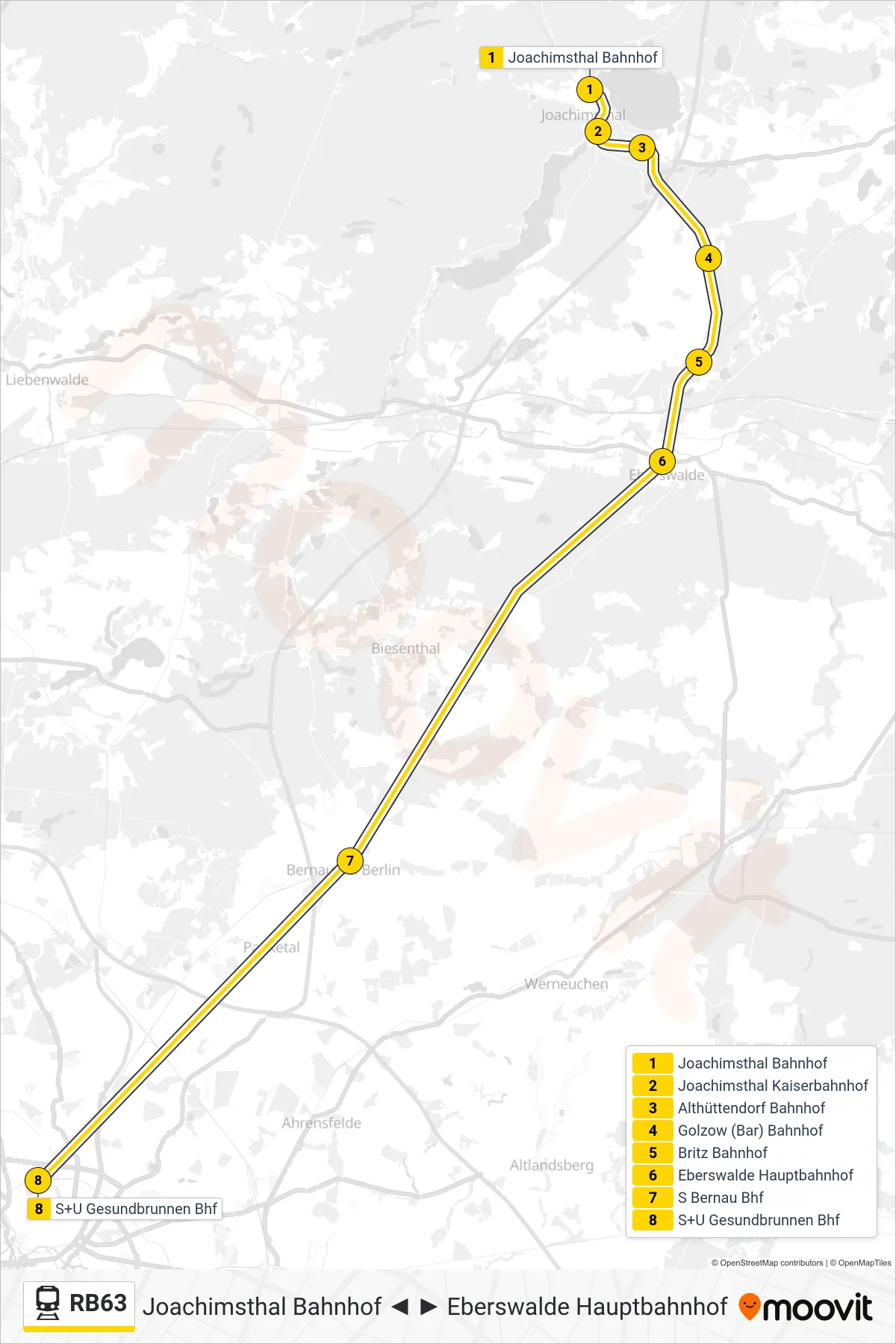 Linie RB63 (Bahn) Richtung S+U Gesundbrunnen Bhf: Route und Haltestellen auf der Karte
