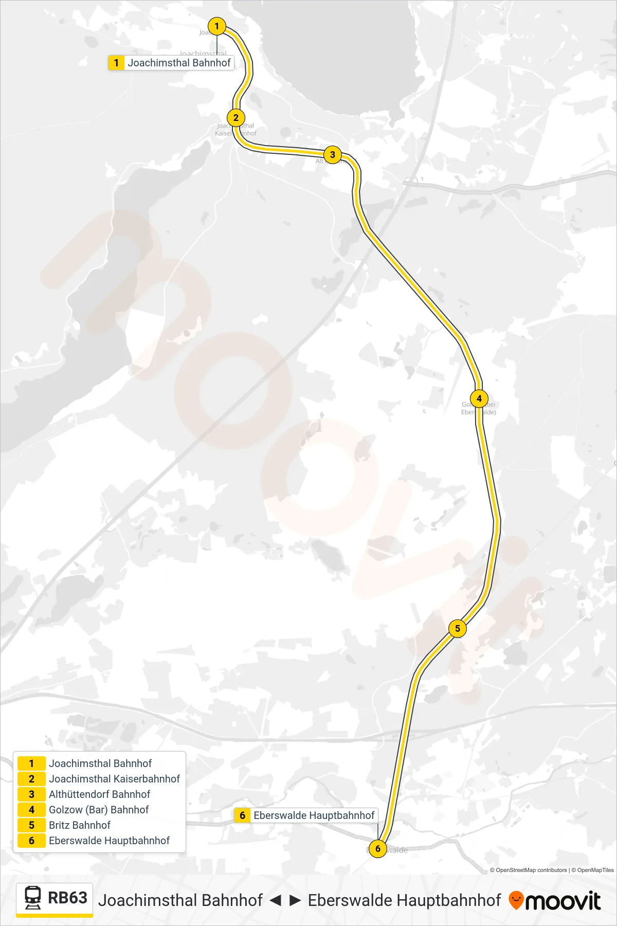 Linie RB63 (Bahn) Richtung Eberswalde Hauptbahnhof: Route und Haltestellen auf der Karte