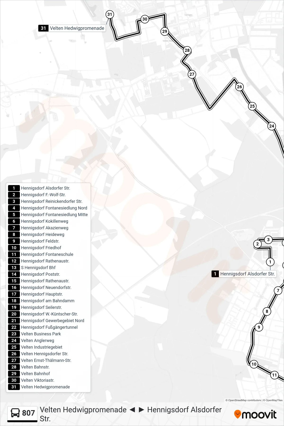 Linie 807 (Bus) Richtung Velten Hedwigpromenade: Route und Haltestellen auf der Karte