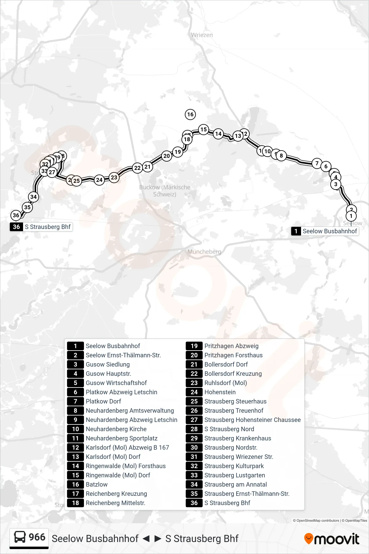 Linie 966 (Bus) Richtung S Strausberg Bhf: Route und Haltestellen auf der Karte