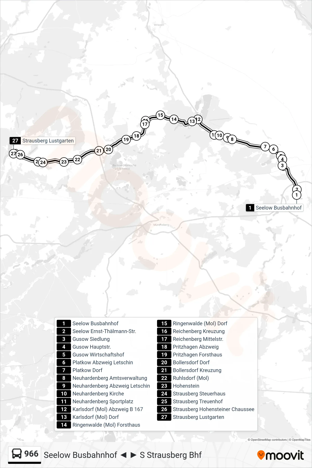 Linie 966 (Bus) Richtung Strausberg Lustgarten: Route und Haltestellen auf der Karte