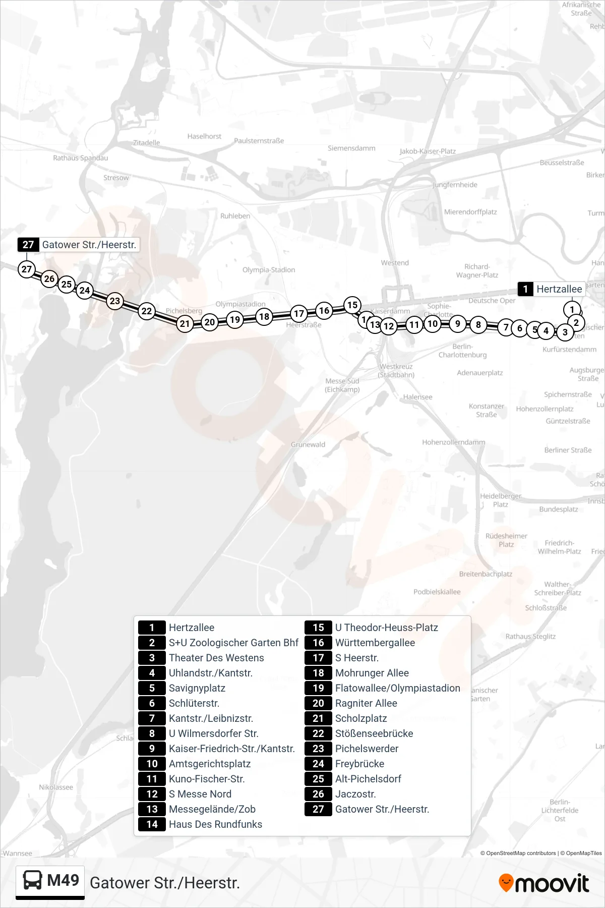 Linie M49 (Bus) Richtung Gatower Str./Heerstr.: Route und Haltestellen auf der Karte