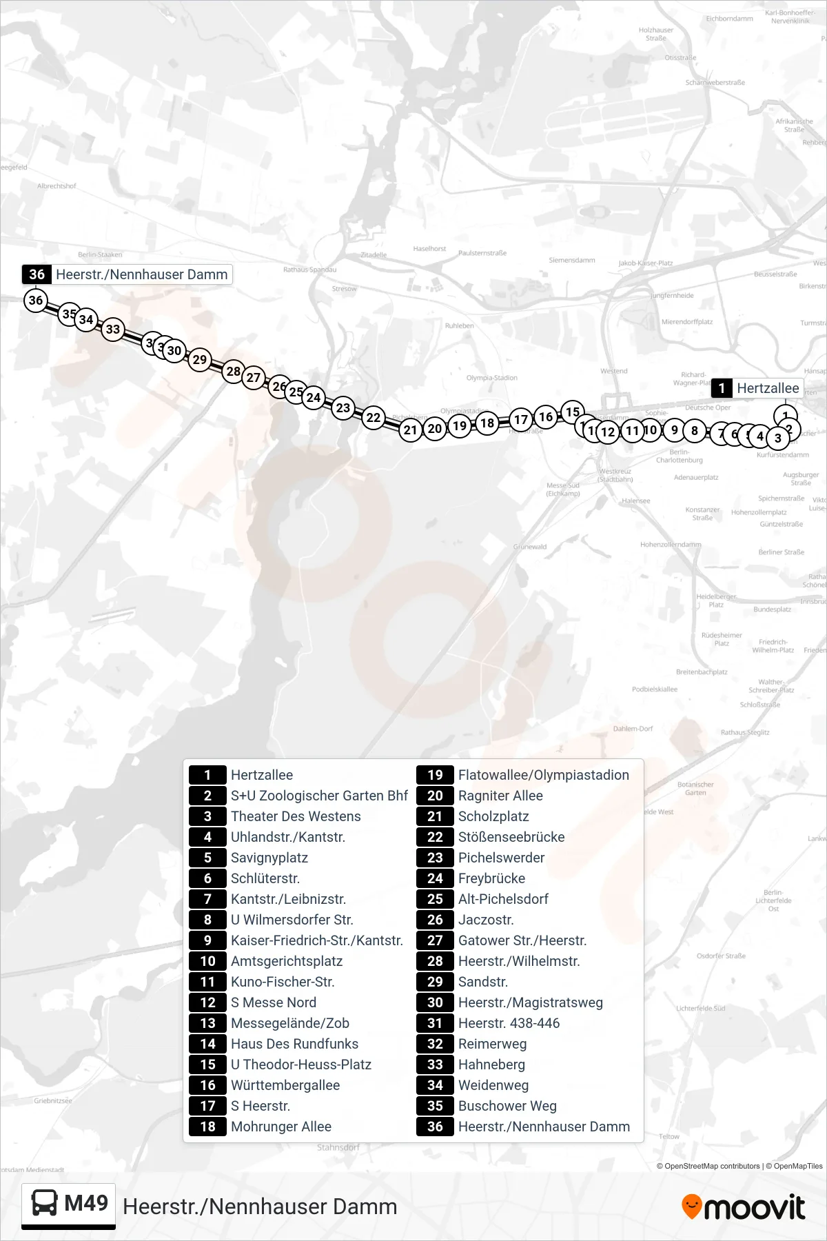 Linie M49 (Bus) Richtung Heerstr./Nennhauser Damm: Route und Haltestellen auf der Karte