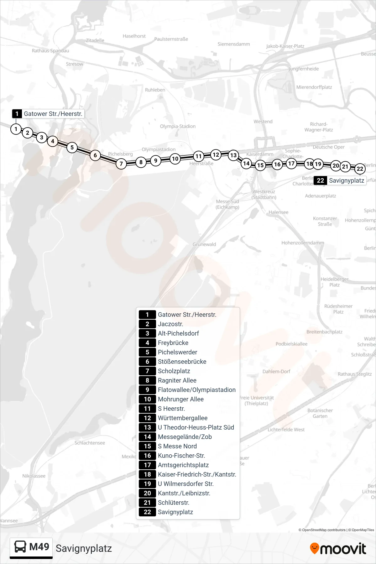 M49 bus Line (Savignyplatz) route and stops on a map
