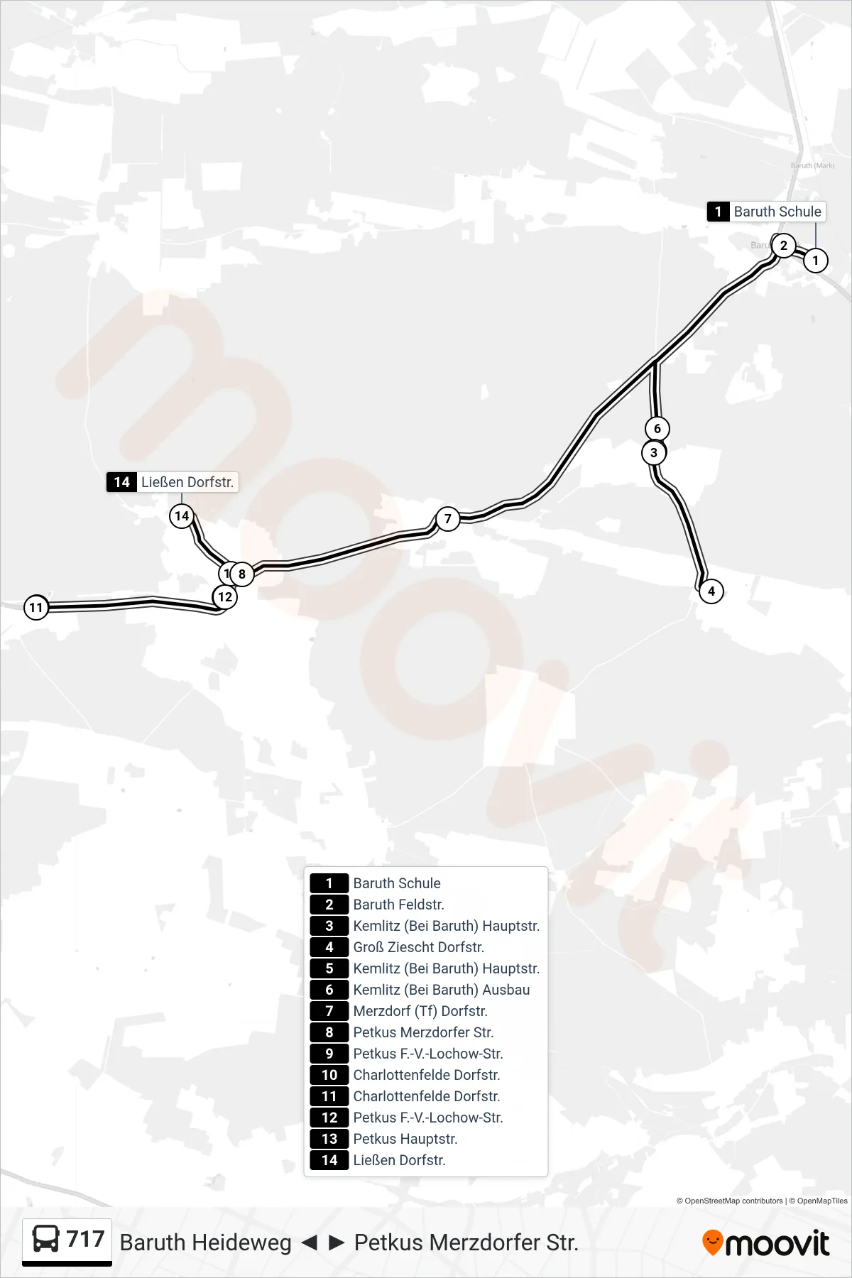 Linie 717 (Bus) Richtung Ließen Dorfstr.: Route und Haltestellen auf der Karte