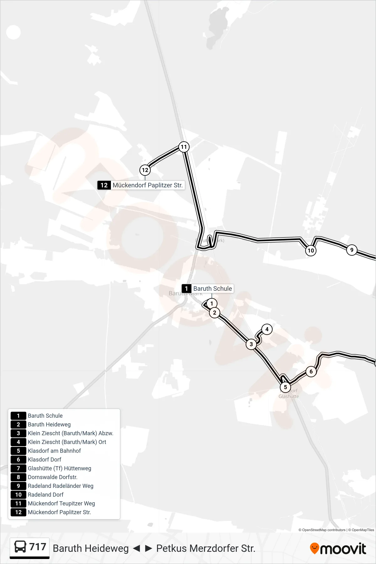 Linie 717 (Bus) Richtung Mückendorf Paplitzer Str.: Route und Haltestellen auf der Karte