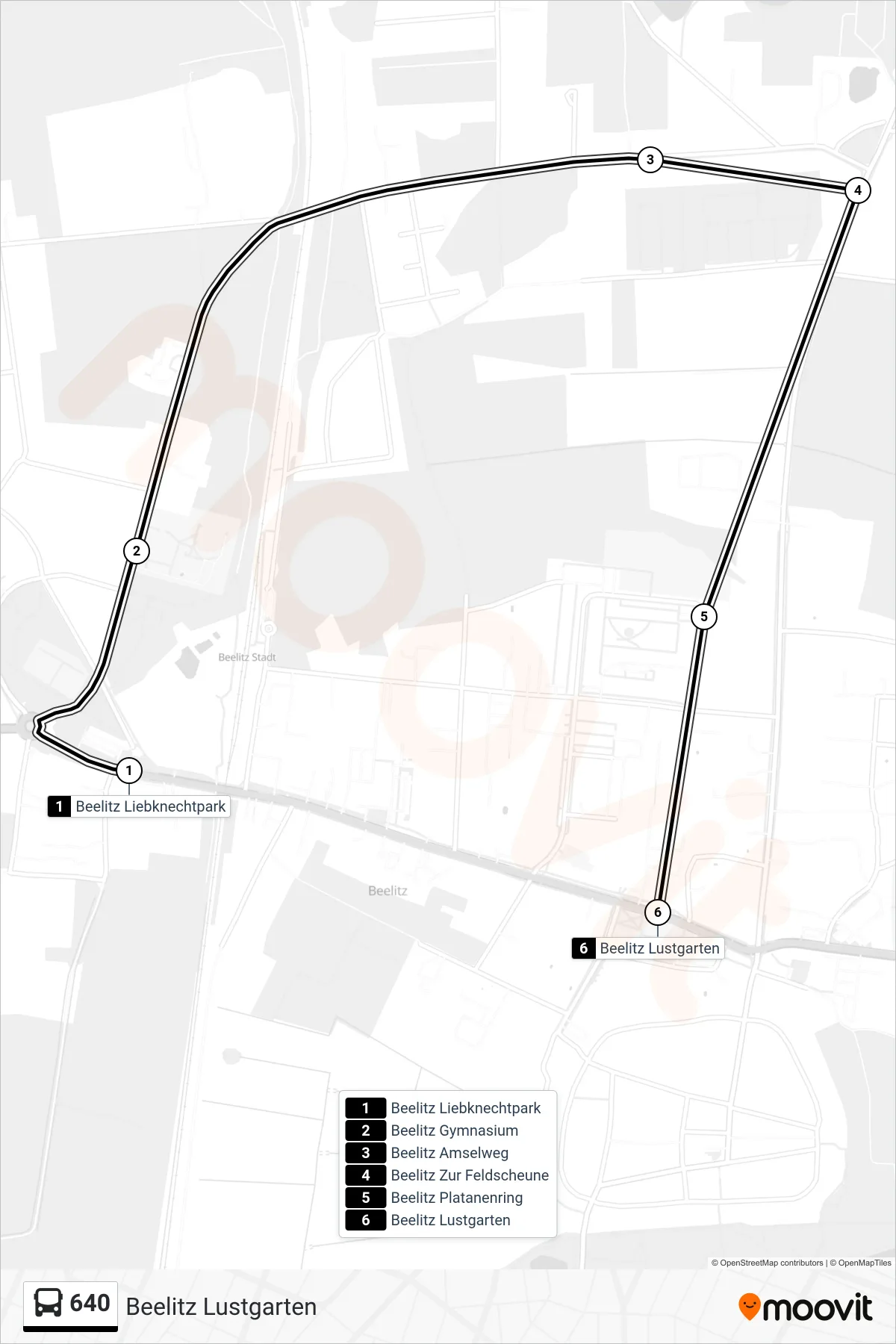 640 bus Line (Beelitz Lustgarten) route and stops on a map