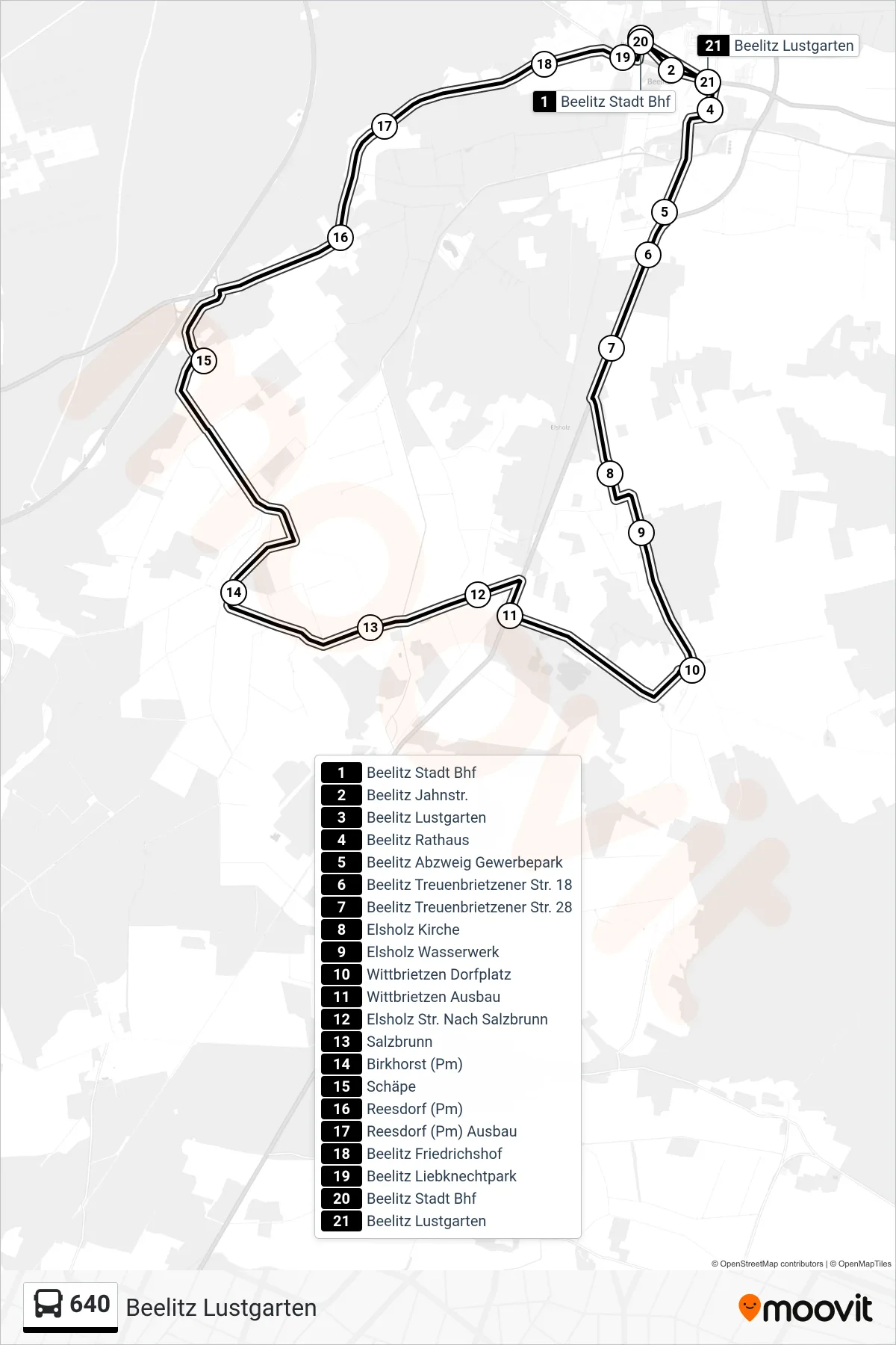 Linie 640 (Bus) Richtung Beelitz Lustgarten: Route und Haltestellen auf der Karte