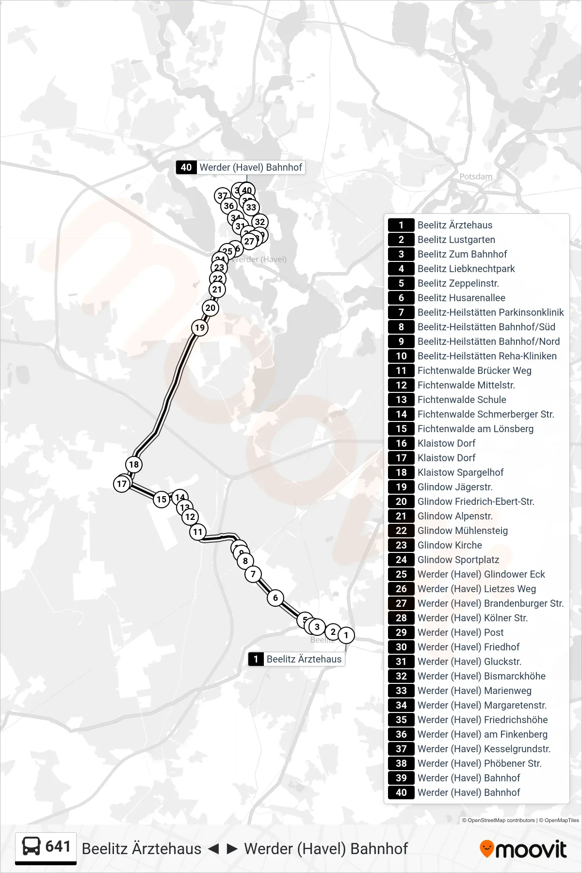 Linie 641 (Bus) Richtung Werder (Havel) Bahnhof: Route und Haltestellen auf der Karte