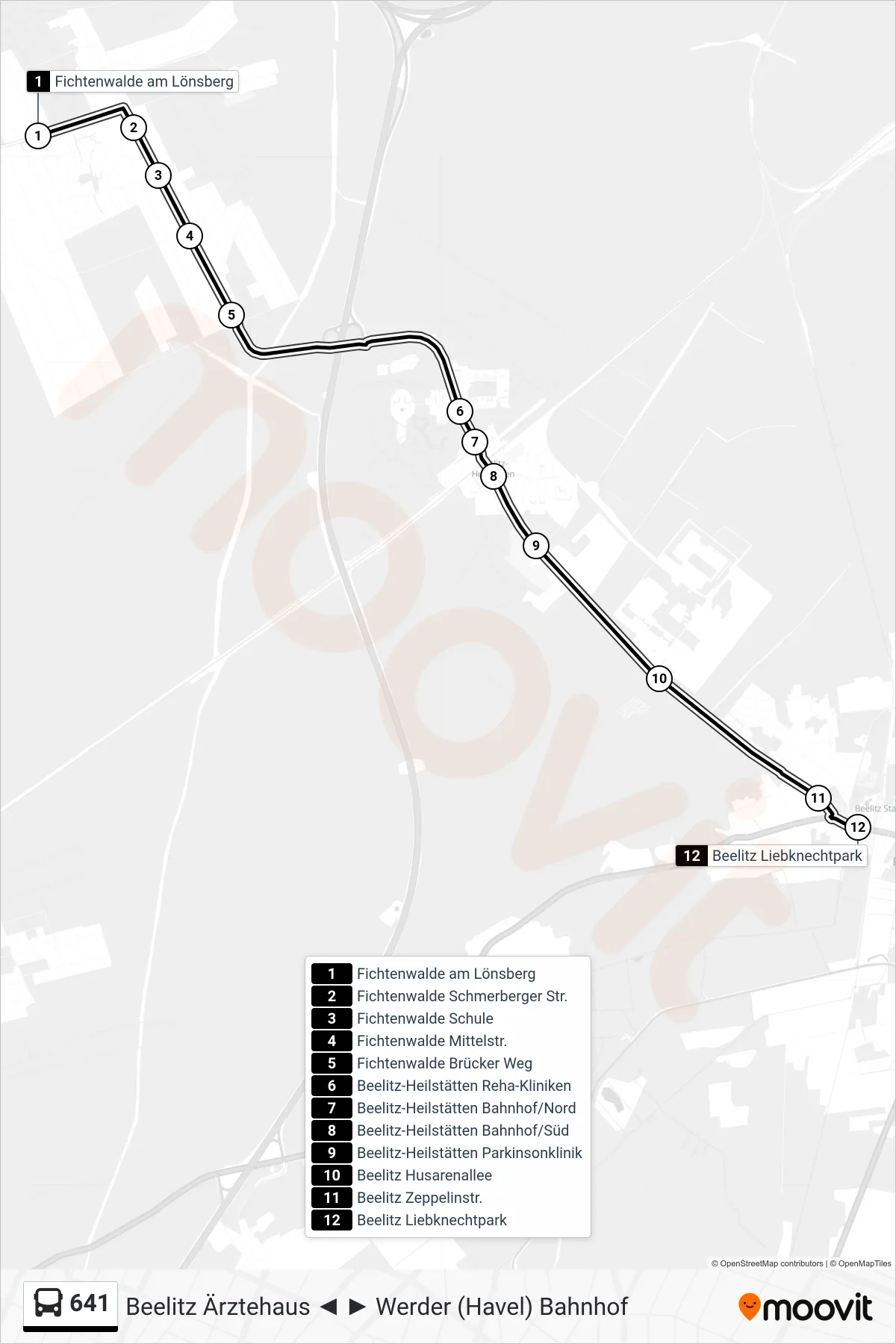 Linie 641 (Bus) Richtung Beelitz Liebknechtpark: Route und Haltestellen auf der Karte
