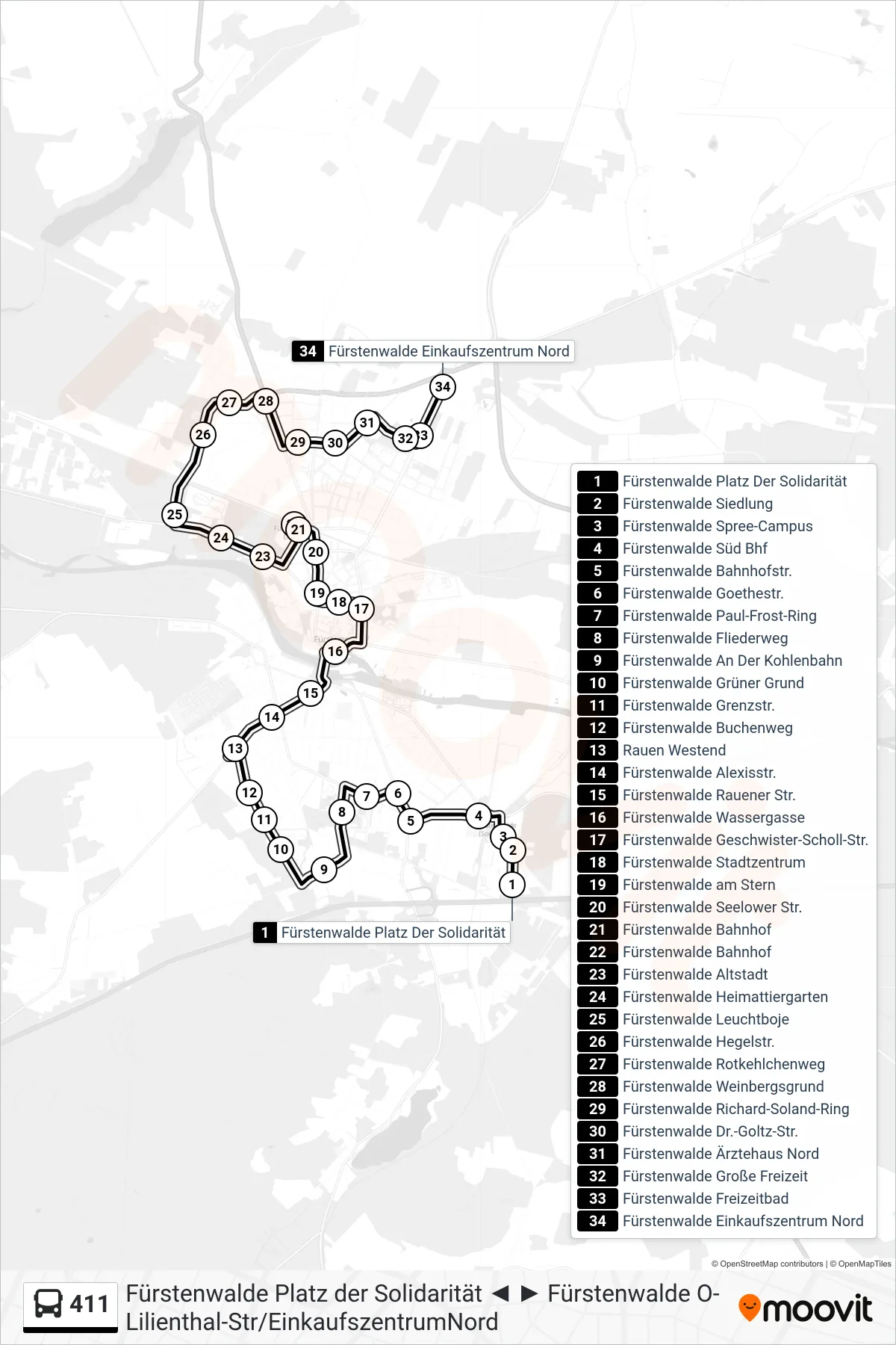 Linie 411 (Bus) Richtung Fürstenwalde Einkaufszentrum Nord: Route und Haltestellen auf der Karte