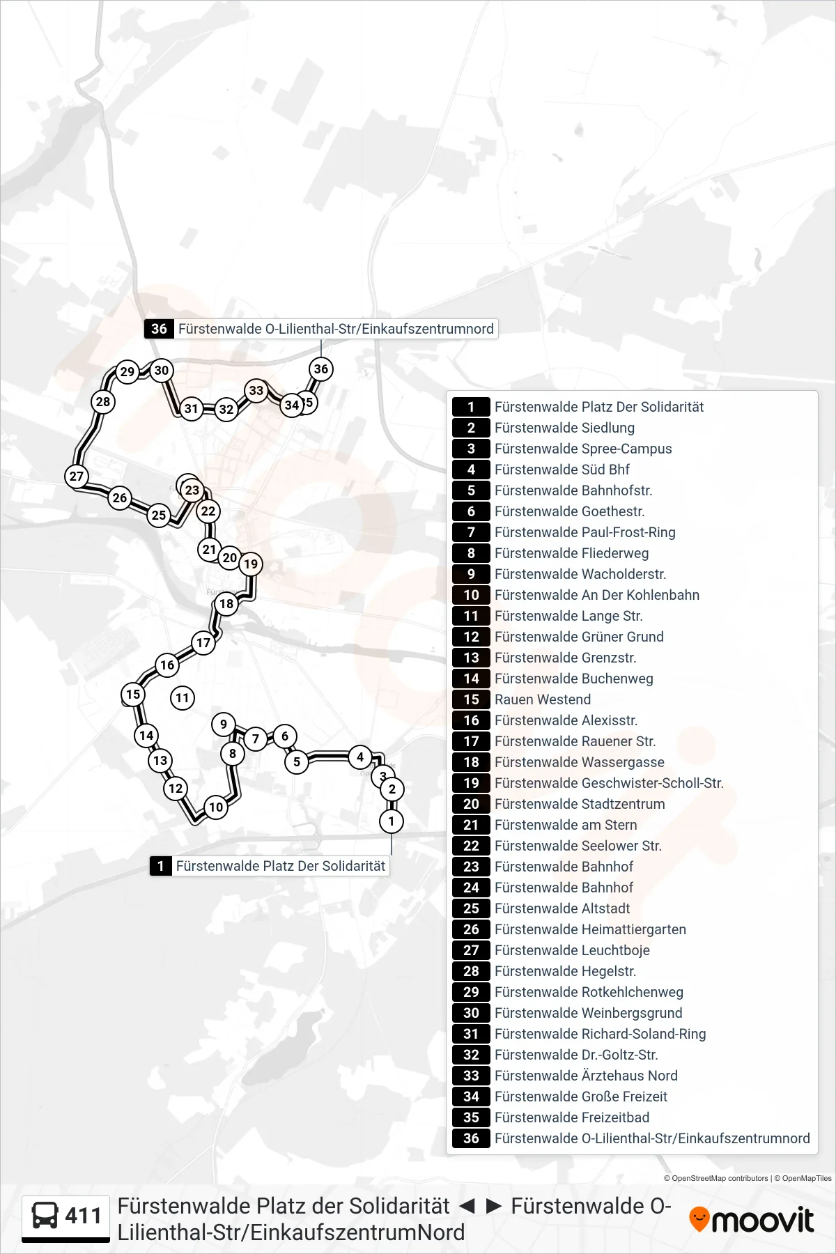 Linie 411 (Bus) Richtung Fürstenwalde O-Lilienthal-Str/Einkaufszentrumnord: Route und Haltestellen auf der Karte