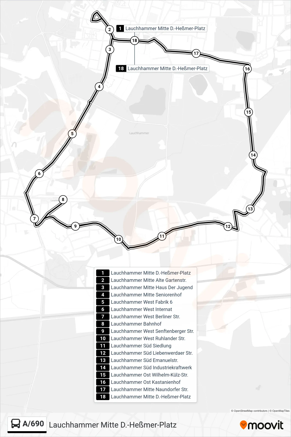 Linie A/690 (Bus) Richtung Lauchhammer Mitte D.-Heßmer-Platz: Route und Haltestellen auf der Karte